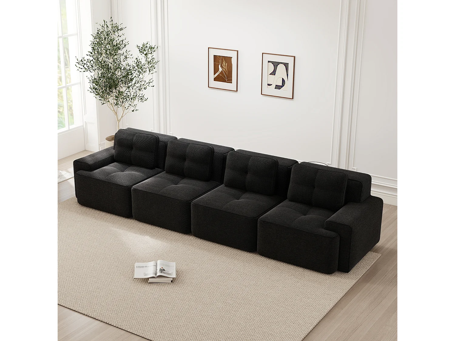 Canapé modulable 4 places 382 cm en velours côtelé - Noir - Sans montage