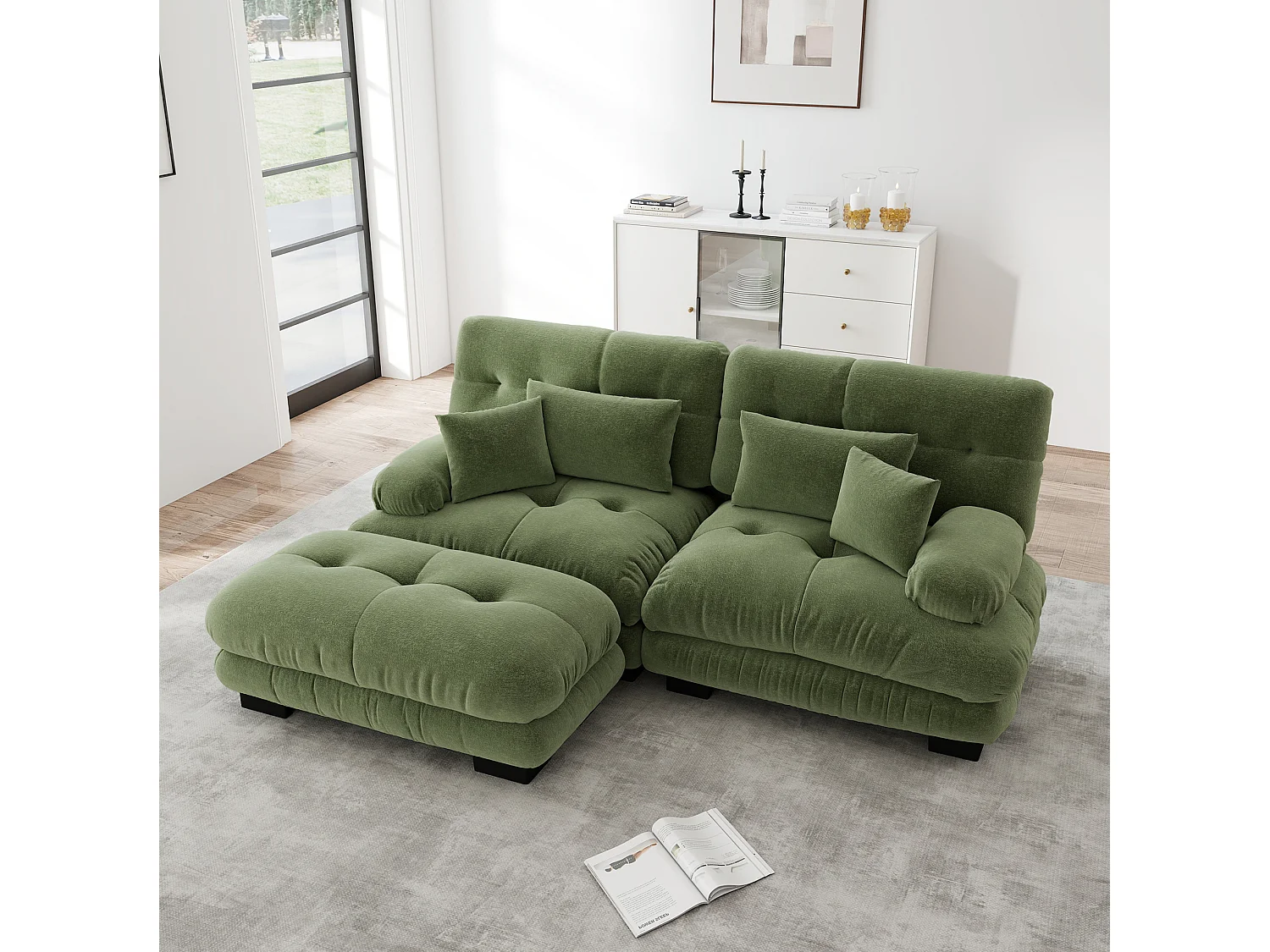 Divano componibile a 2 posti in ciniglia con braccioli e pouf - Verde
