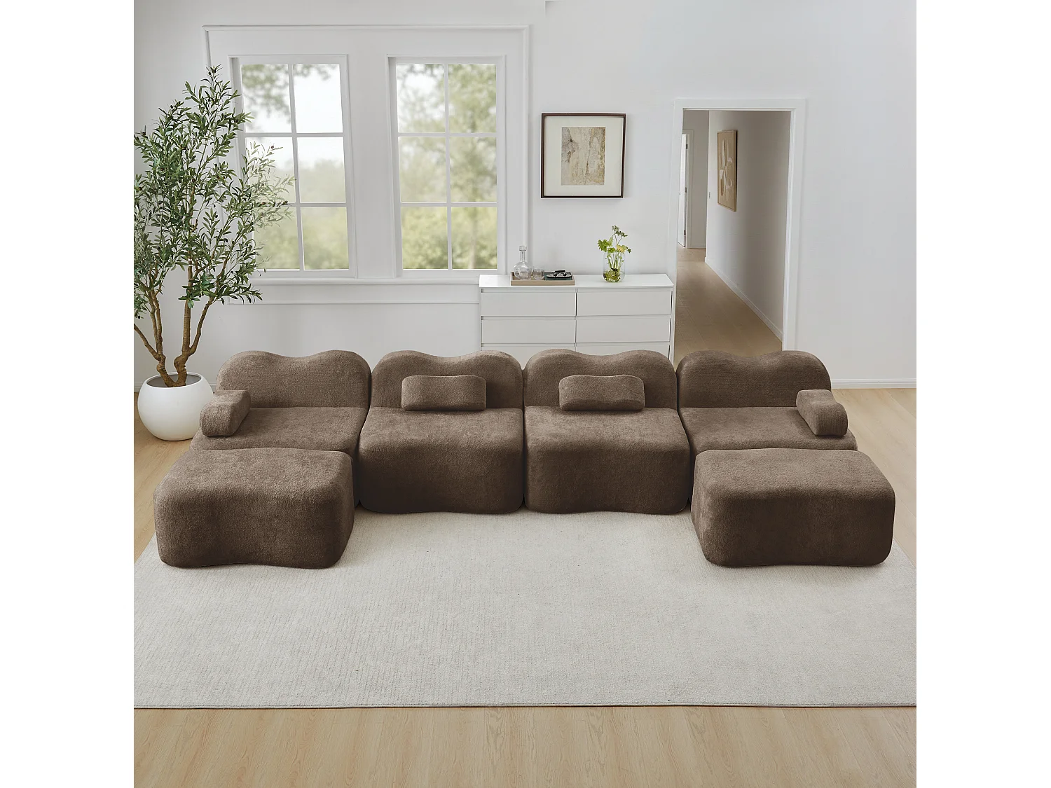 Sofá modular de 4 plazas, 384 cm, en terciopelo con 2 otomanas - Marrón
