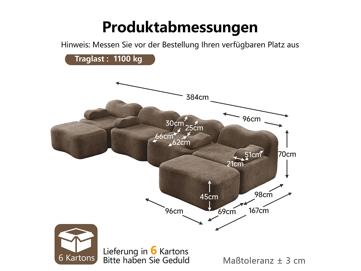 Sofá modular de 4 plazas, 384 cm, en terciopelo con 2 otomanas - Marrón