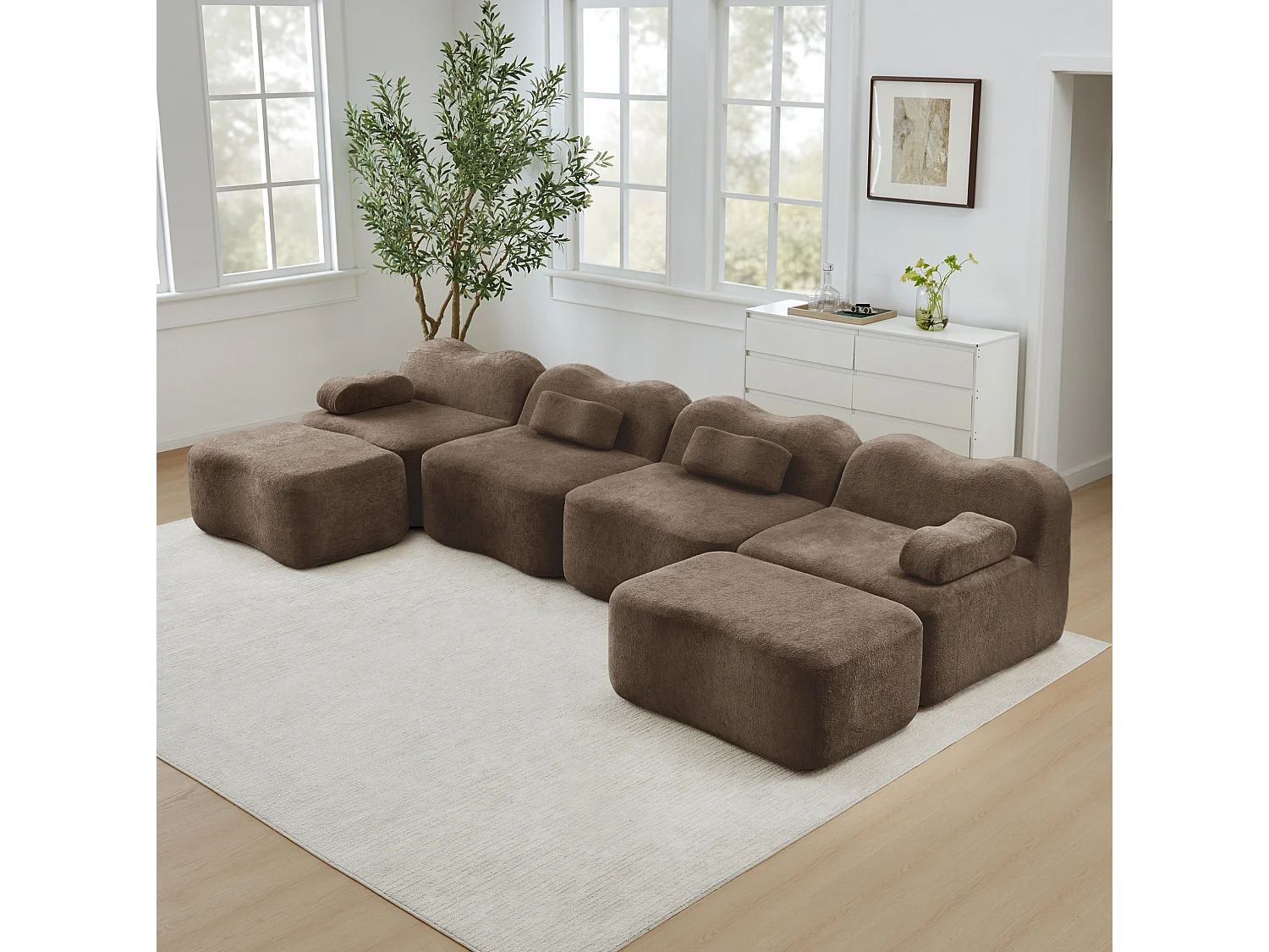 Sofá modular de 4 plazas, 384 cm, en terciopelo con 2 otomanas - Marrón