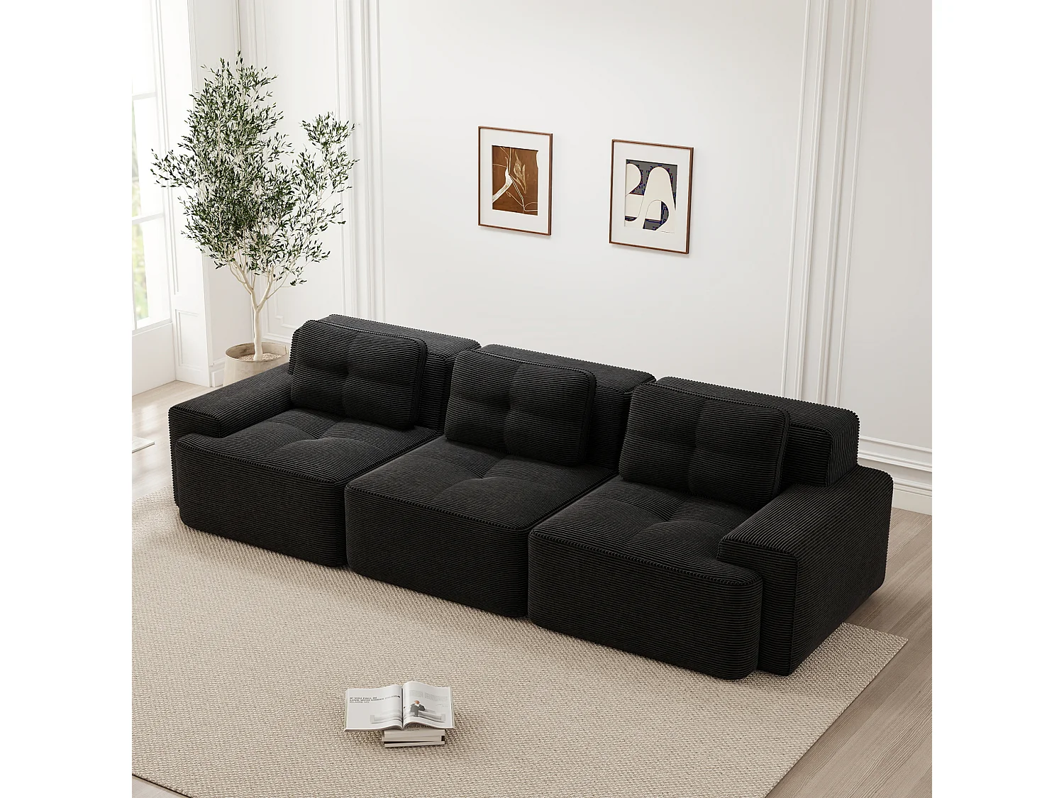 Canapé modulable 3 places avec 3 coussins et assise profonde 74 cm - Noir