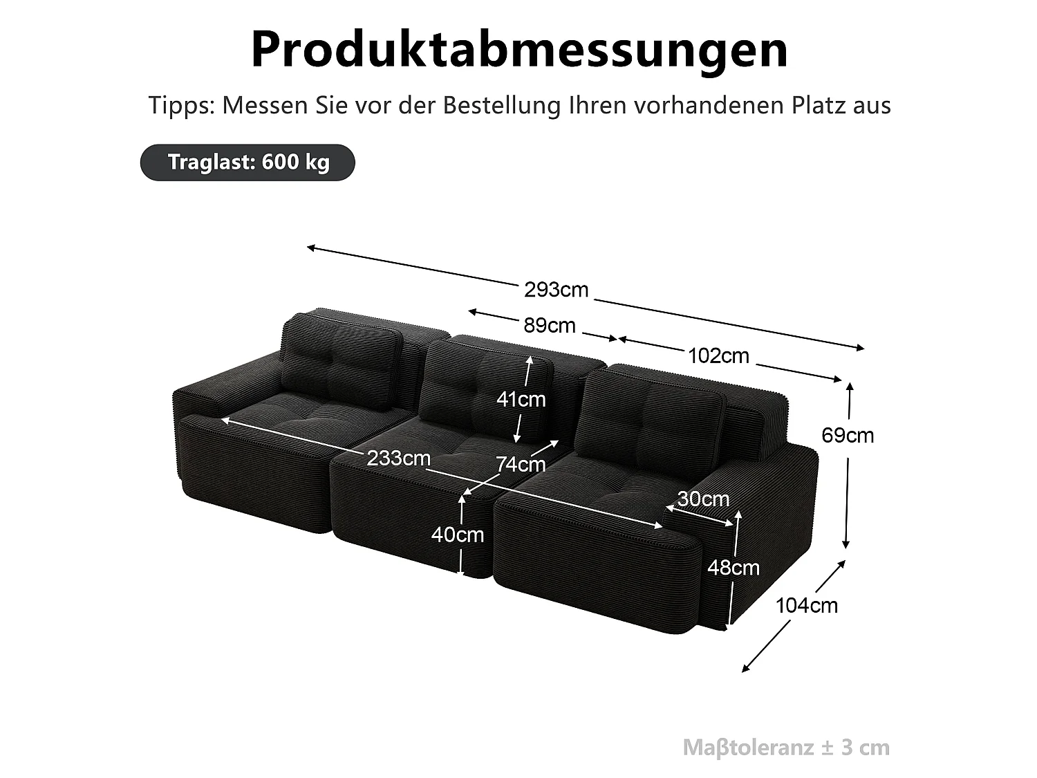 Canapé modulable 3 places avec 3 coussins et assise profonde 74 cm - Noir