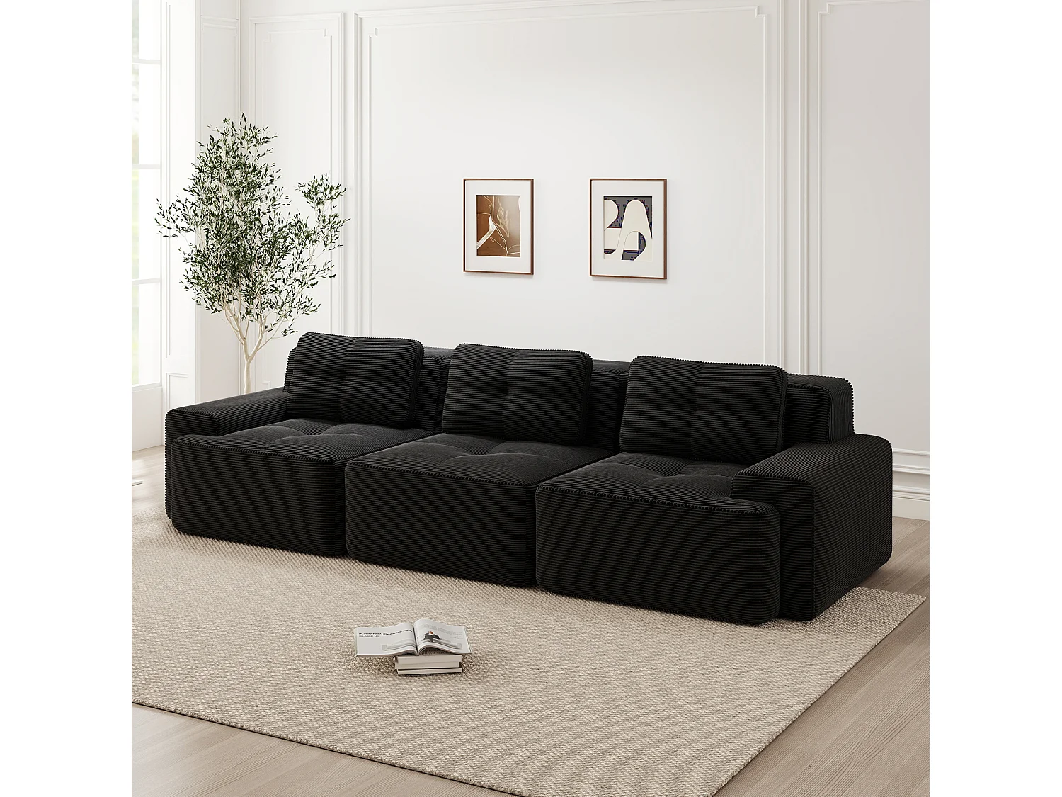 Canapé modulable 3 places avec 3 coussins et assise profonde 74 cm - Noir