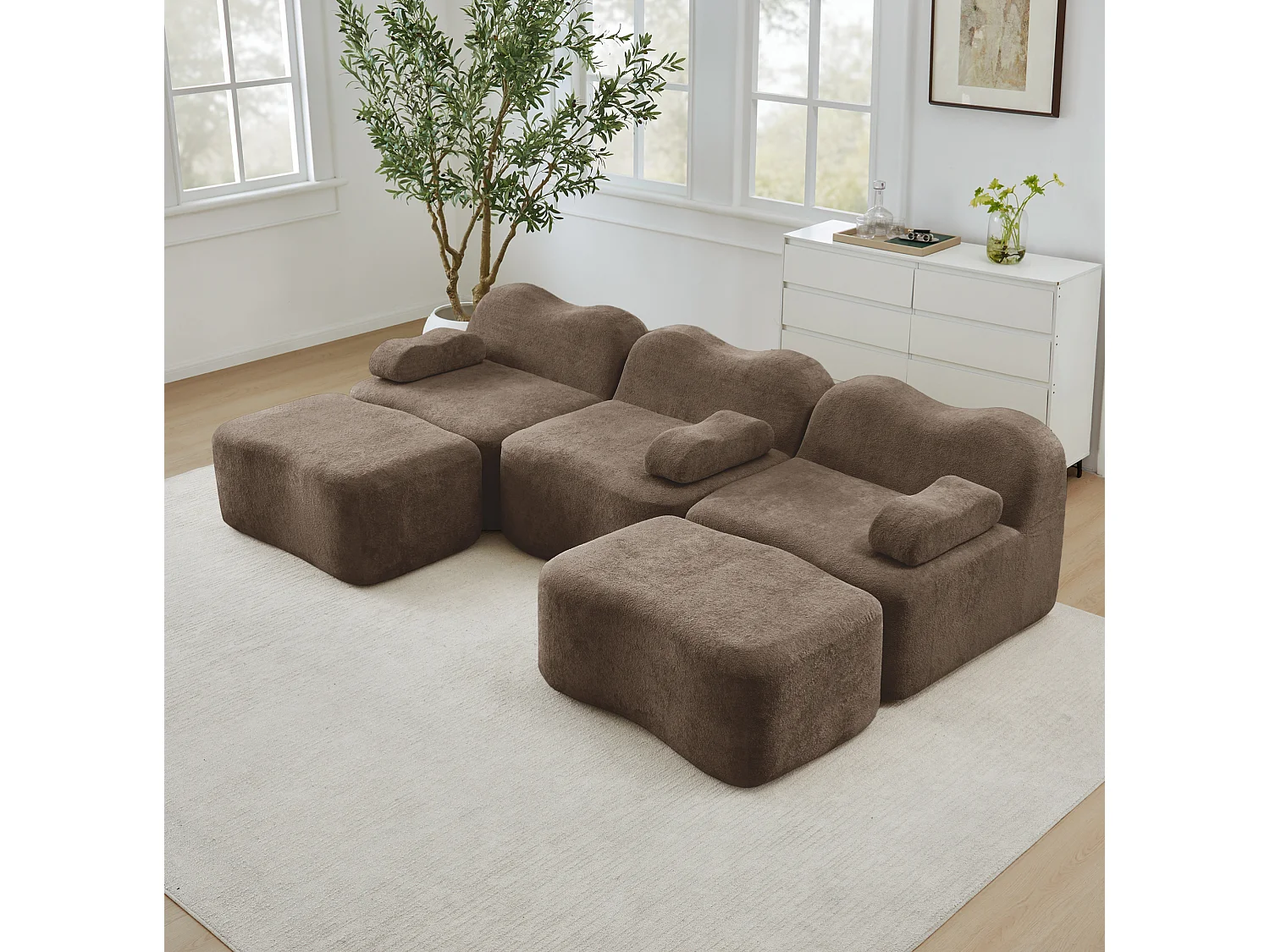 Sofá modular de 3 plazas de terciopelo con reposabrazos extraíbles y 2 otomanas - Marrón