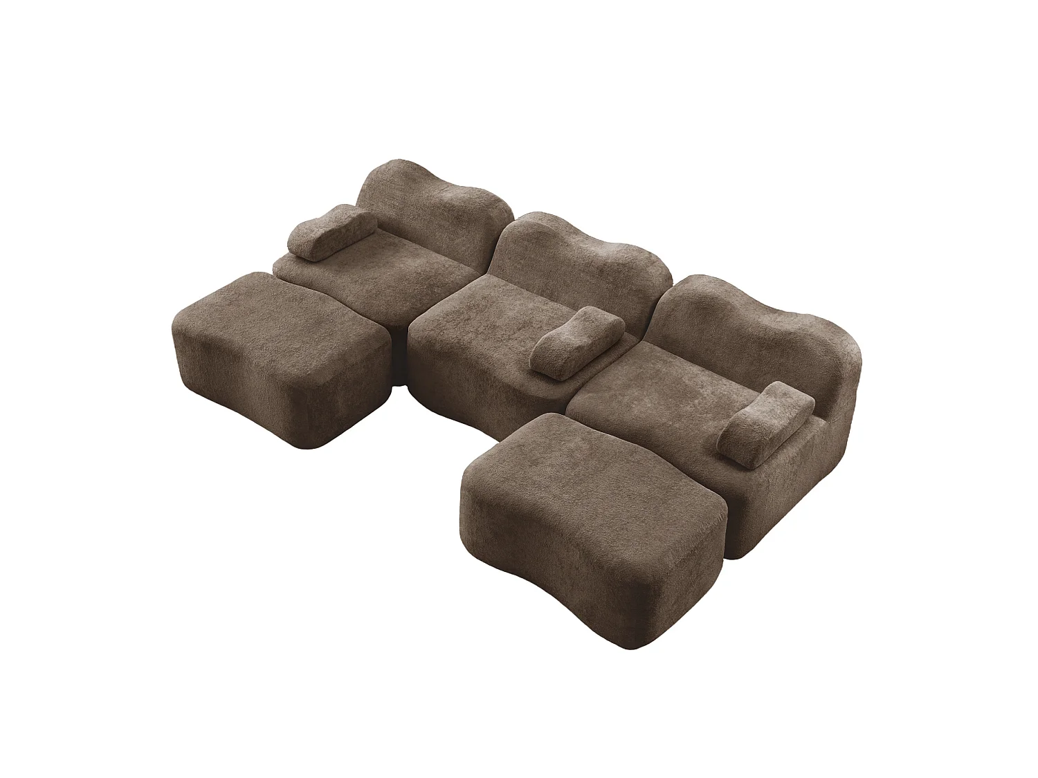Sofá modular de 3 plazas de terciopelo con reposabrazos extraíbles y 2 otomanas - Marrón