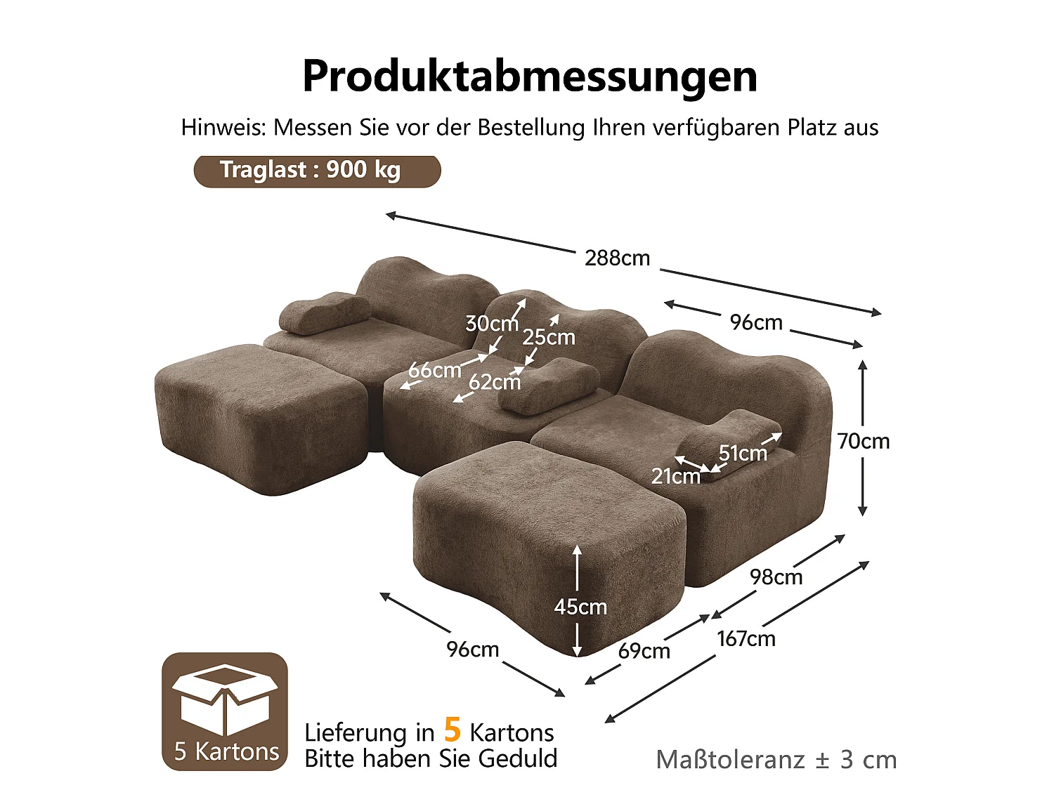 Sofá modular de 3 plazas de terciopelo con reposabrazos extraíbles y 2 otomanas - Marrón