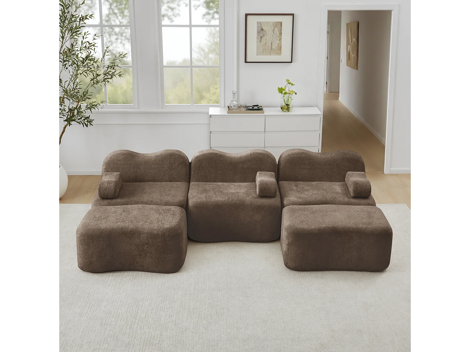 Sofá modular de 3 plazas de terciopelo con reposabrazos extraíbles y 2 otomanas - Marrón