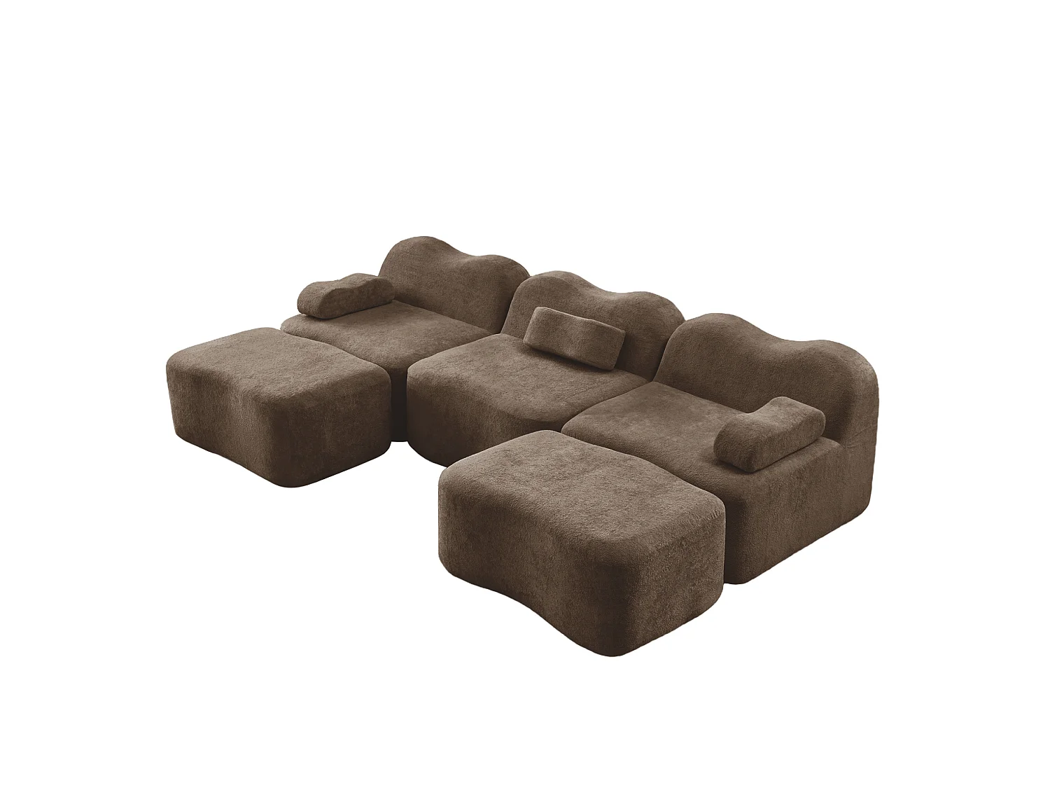 Sofá modular de 3 plazas de terciopelo con reposabrazos extraíbles y 2 otomanas - Marrón