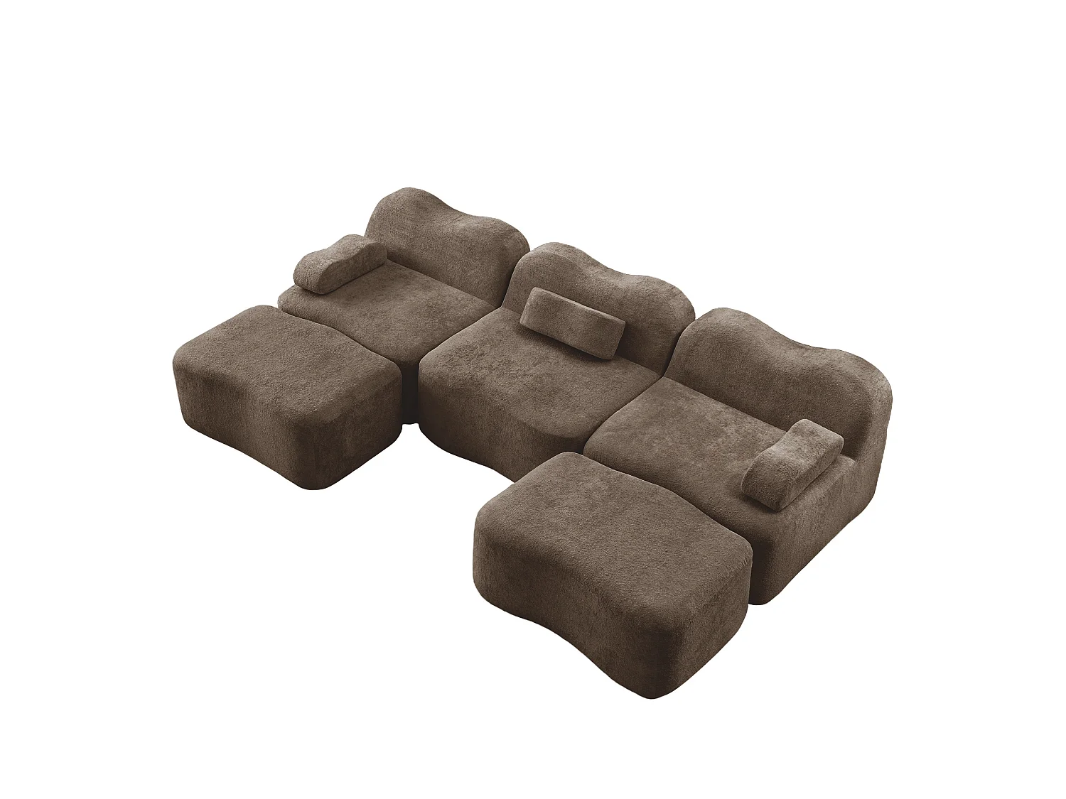 Sofá modular de 3 plazas de terciopelo con reposabrazos extraíbles y 2 otomanas - Marrón