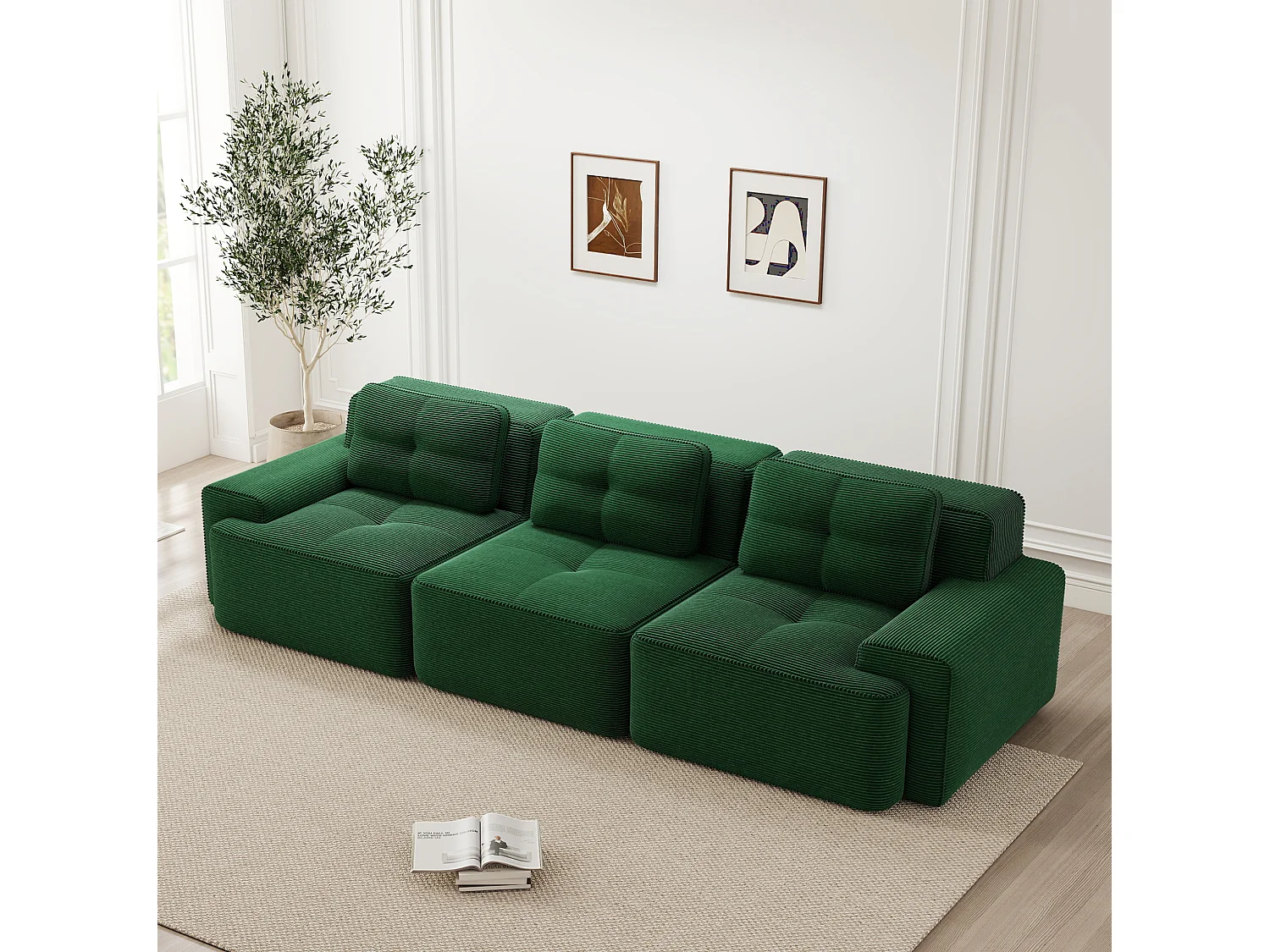 Canapé modulable 3 places avec 3 coussins et assise profonde 74 cm - Vert
