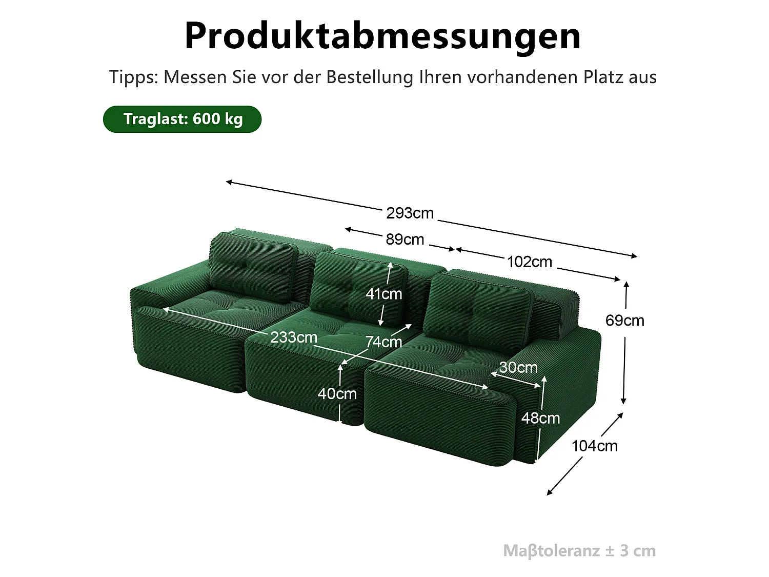 Canapé modulable 3 places avec 3 coussins et assise profonde 74 cm - Vert