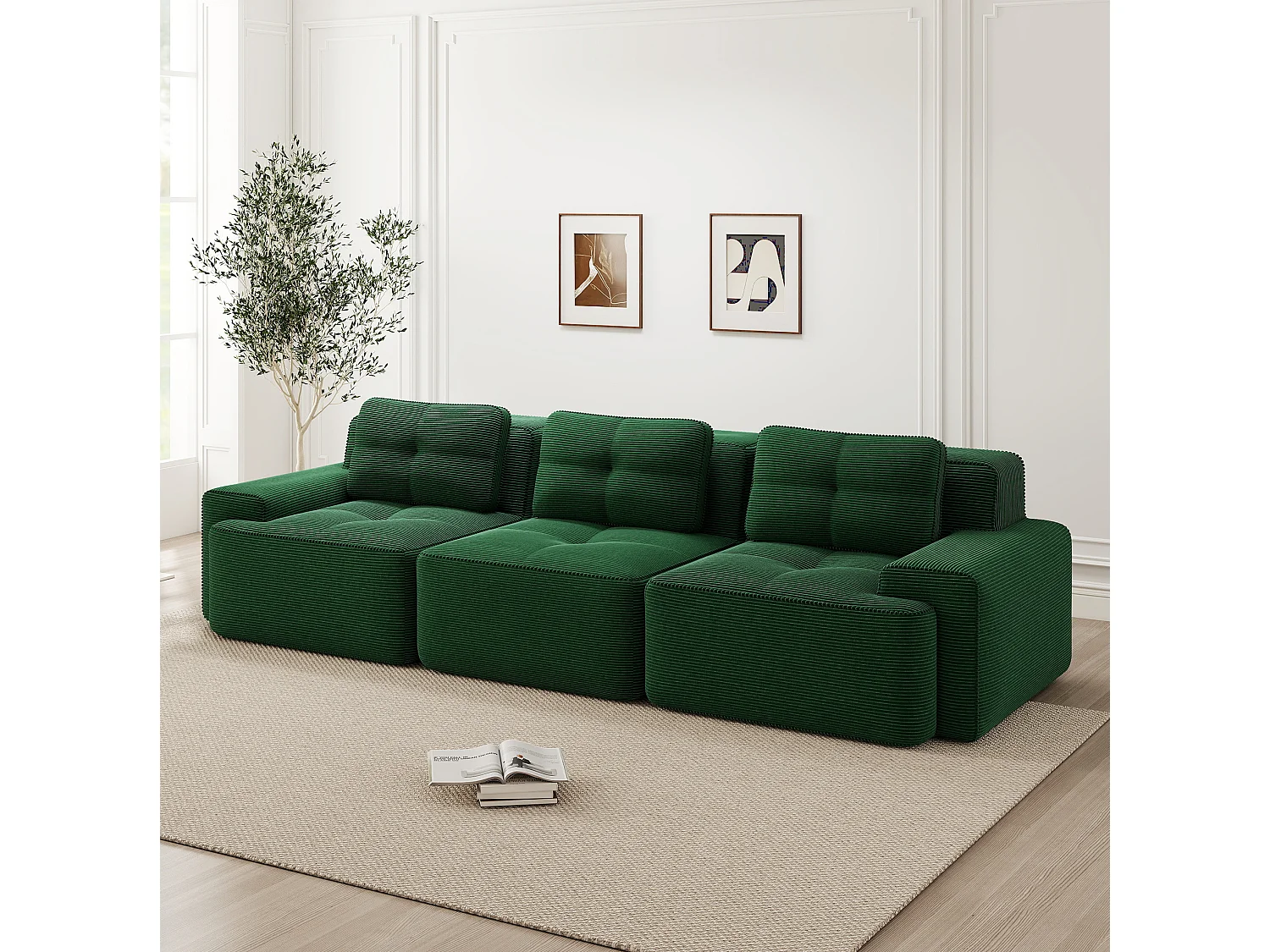 Canapé modulable 3 places avec 3 coussins et assise profonde 74 cm - Vert