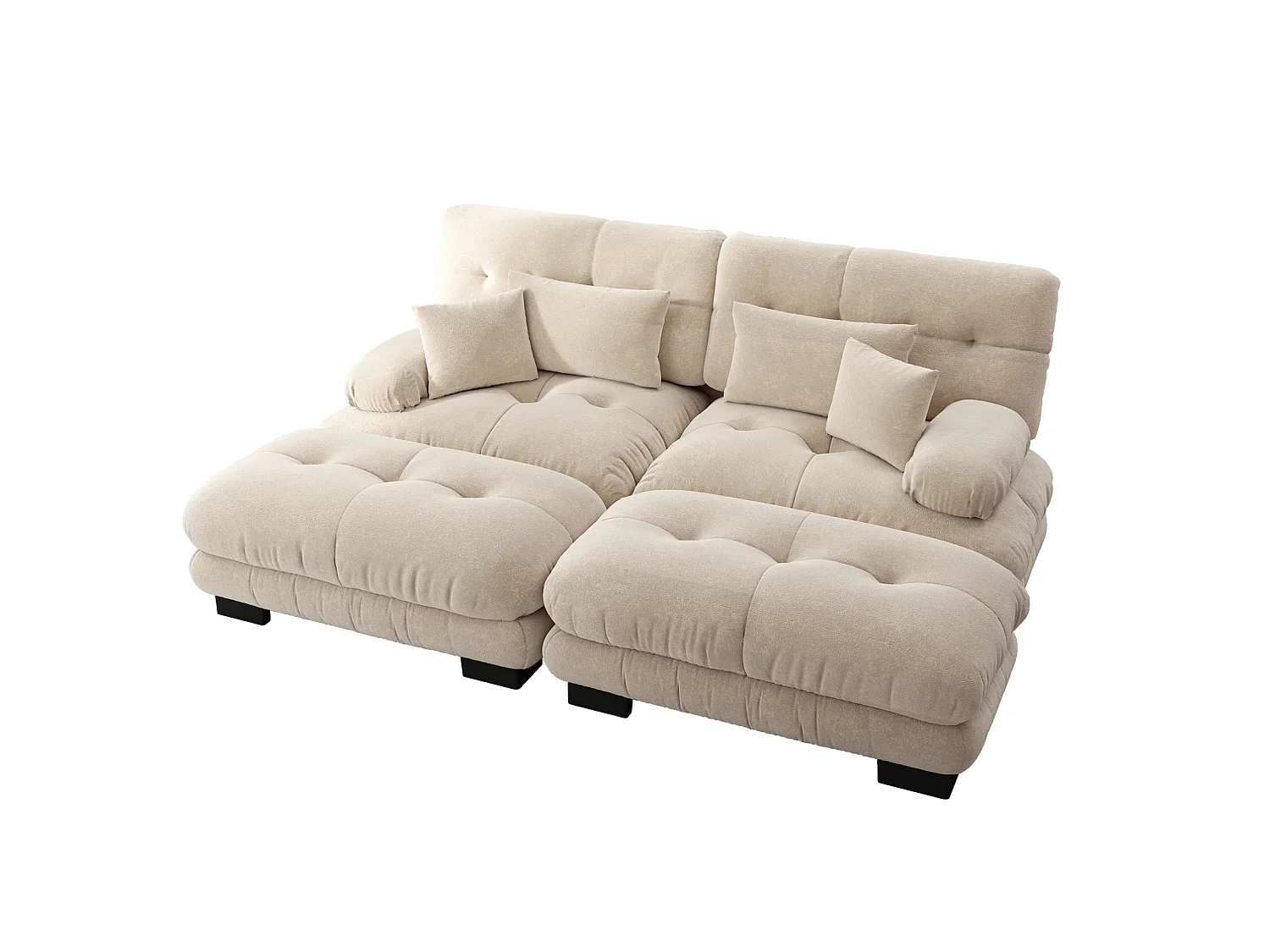 Sofá modular de chenilla de 2 plazas con cojines y 2 otomanas - Marrón claro