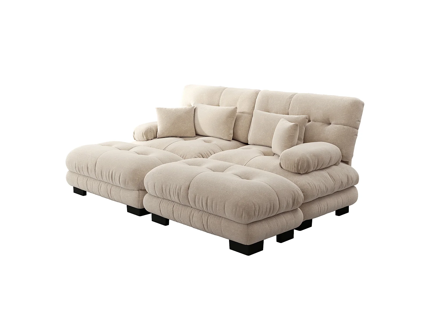 Sofá modular de chenilla de 2 plazas con cojines y 2 otomanas - Marrón claro