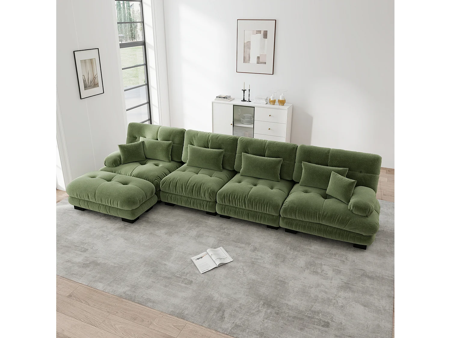 Divano componibile a 4 posti, 406 cm, in ciniglia con pouf - Verde