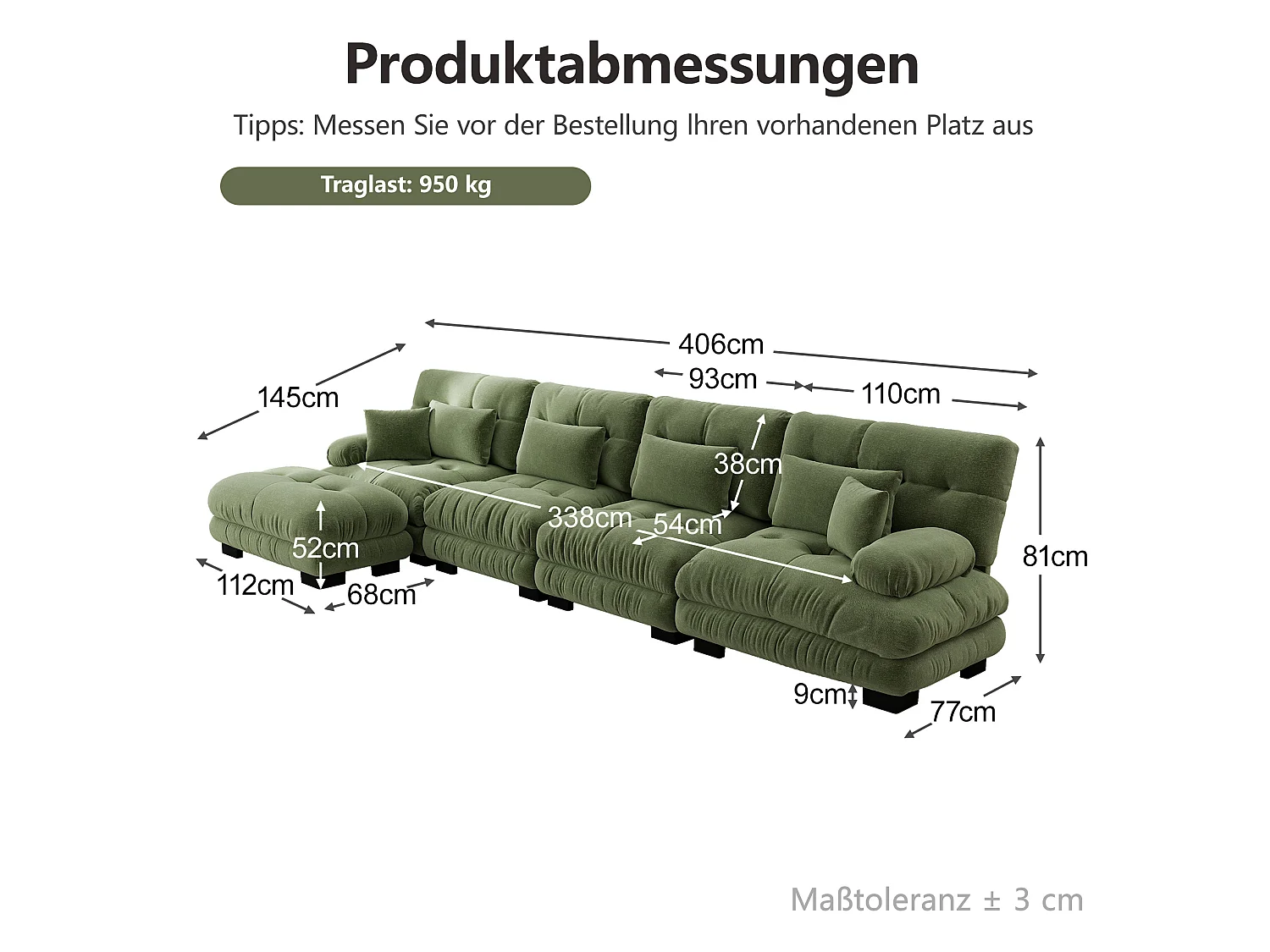 Divano componibile a 4 posti, 406 cm, in ciniglia con pouf - Verde