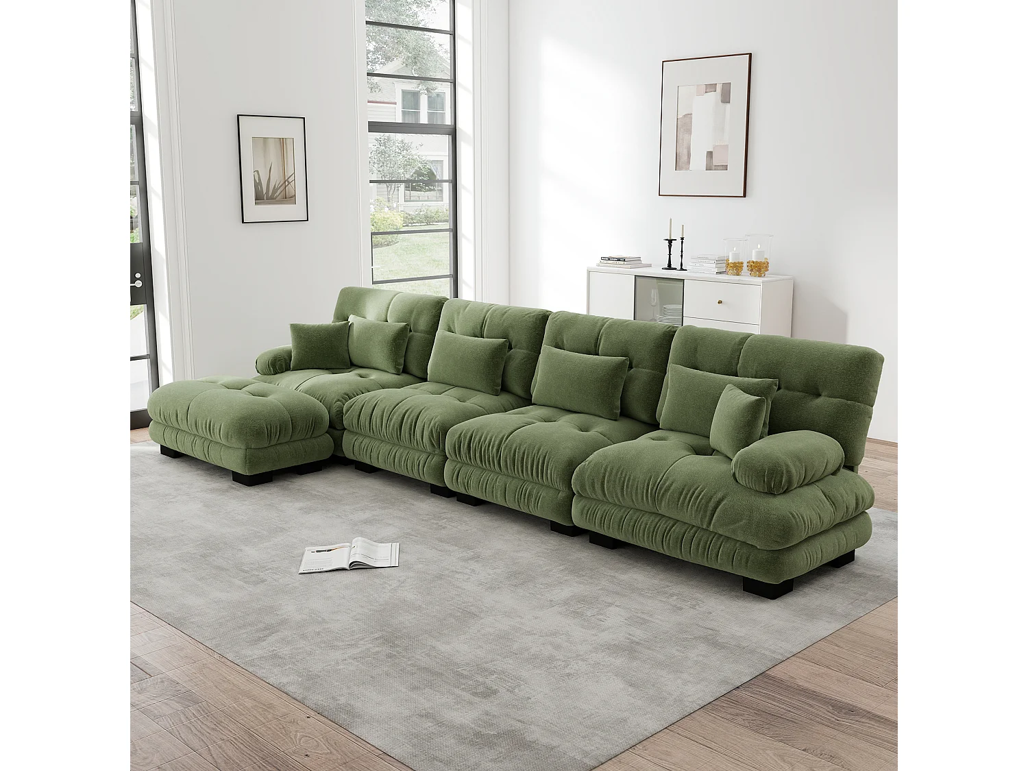 Divano componibile a 4 posti, 406 cm, in ciniglia con pouf - Verde