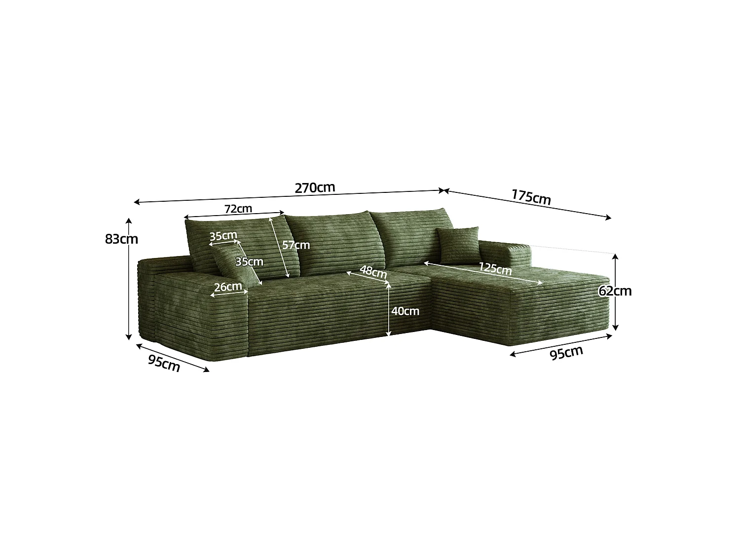 Canapé d'angle modulable 3 places 270 cm en tissu - Sans montage - Vert