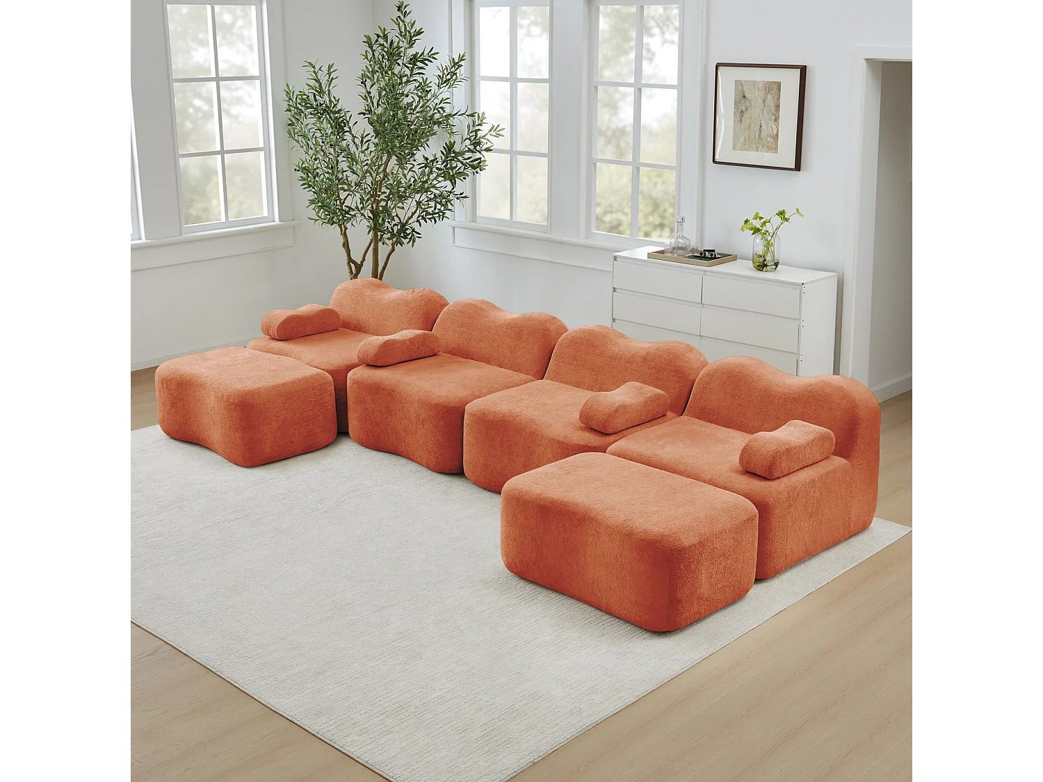 Sofá modular de 4 plazas, 384 cm, en terciopelo con 2 otomanas - Naranja