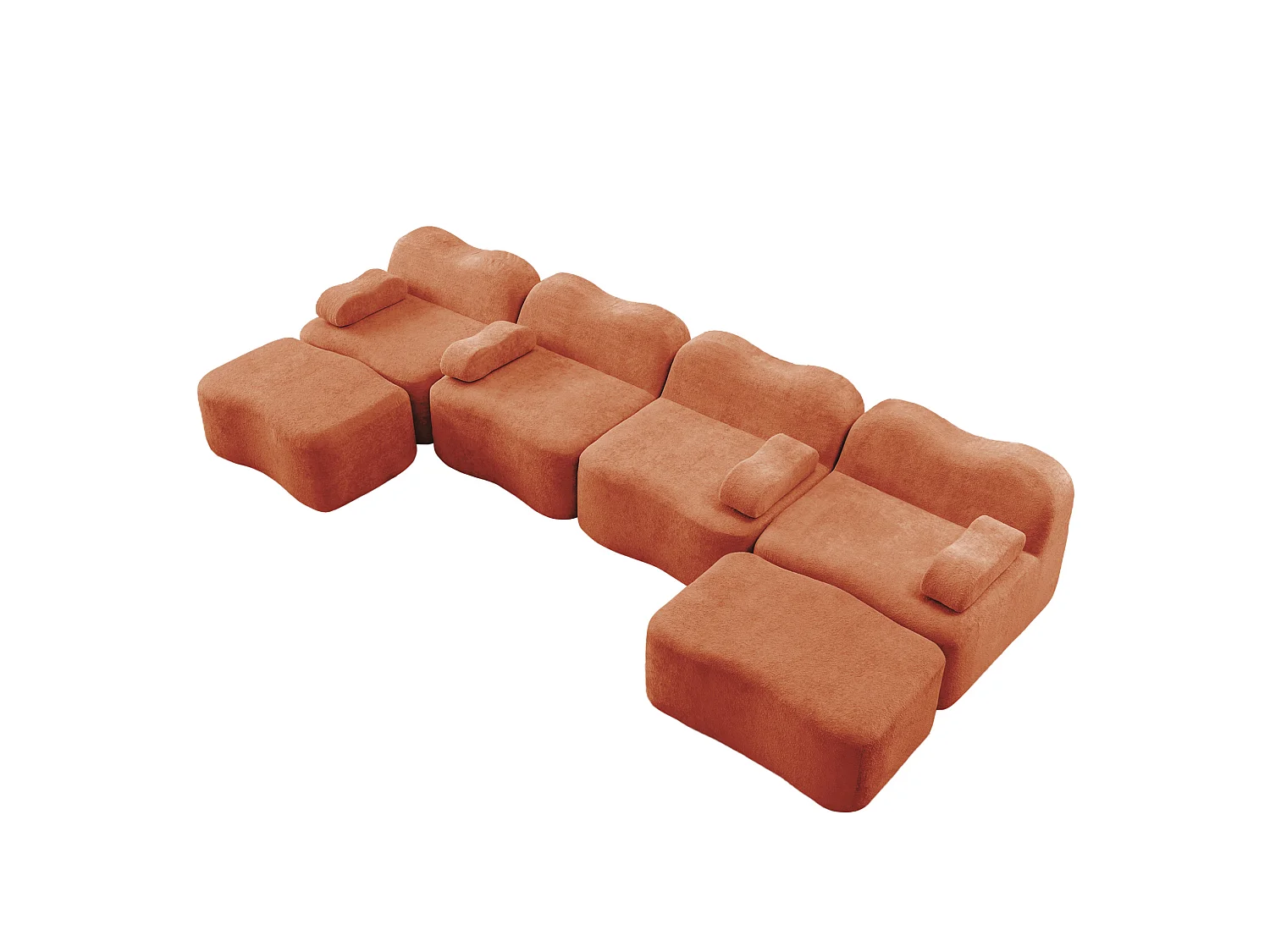 Sofá modular de 4 plazas, 384 cm, en terciopelo con 2 otomanas - Naranja