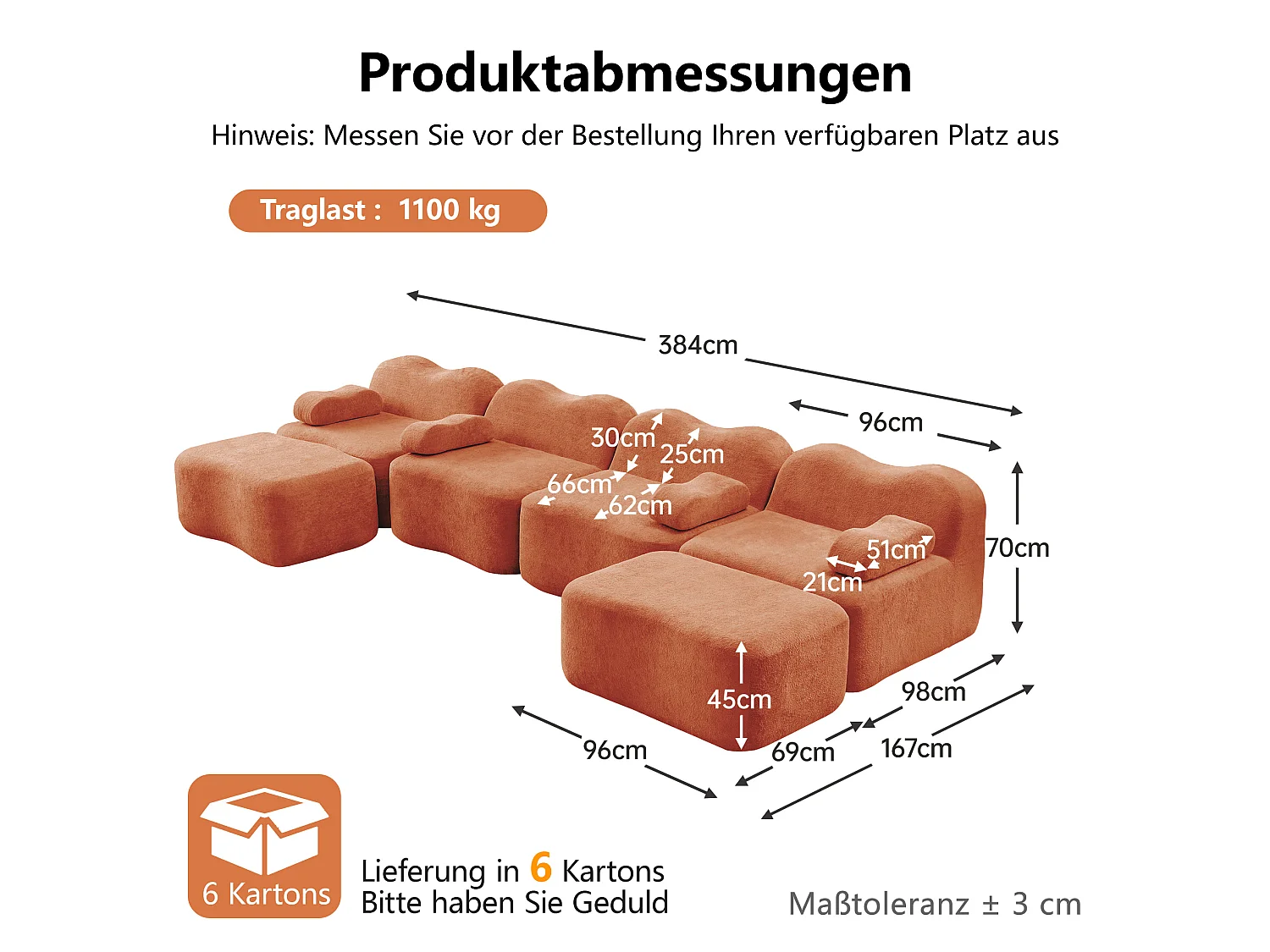 Sofá modular de 4 plazas, 384 cm, en terciopelo con 2 otomanas - Naranja
