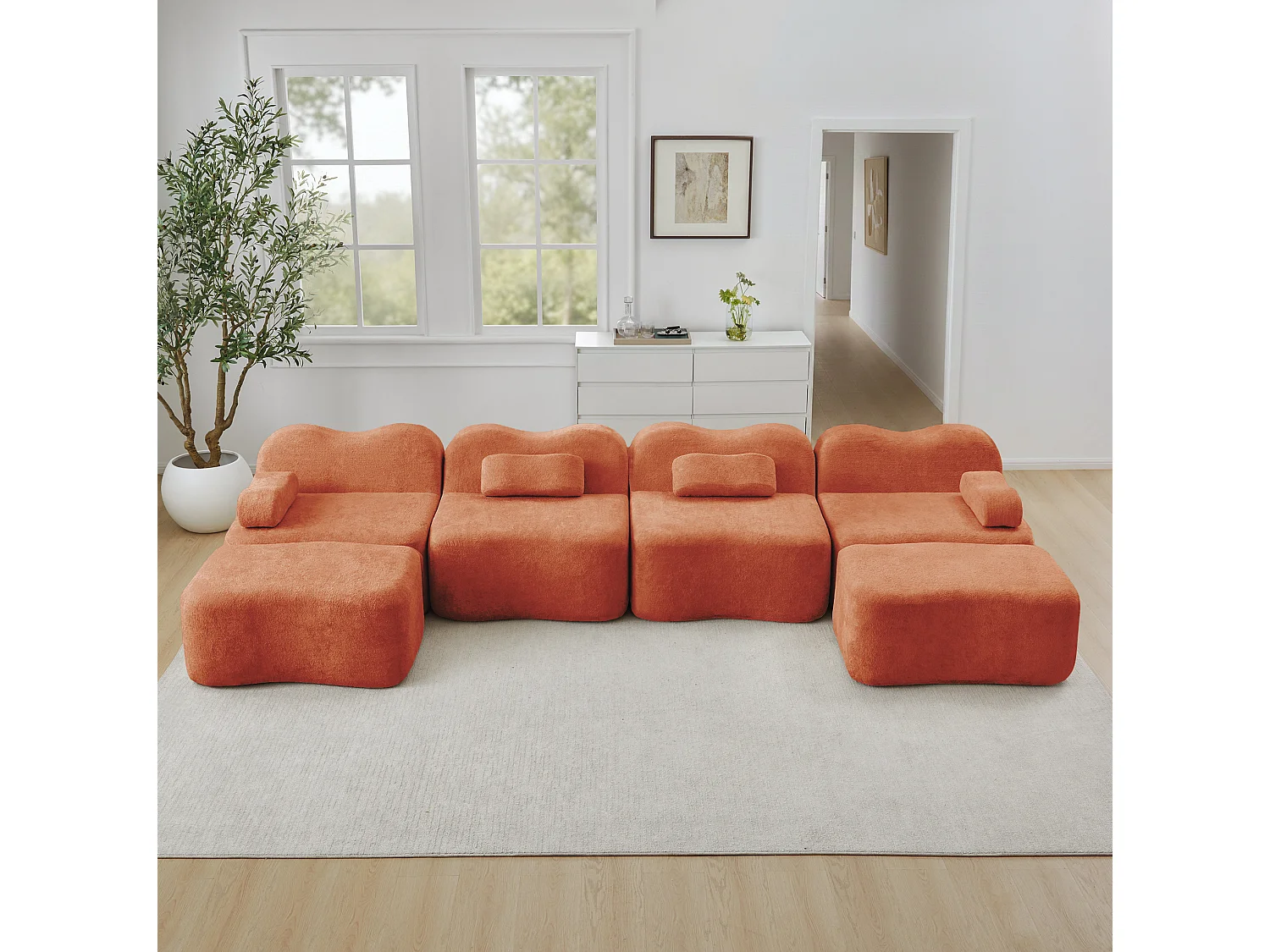 Sofá modular de 4 plazas, 384 cm, en terciopelo con 2 otomanas - Naranja