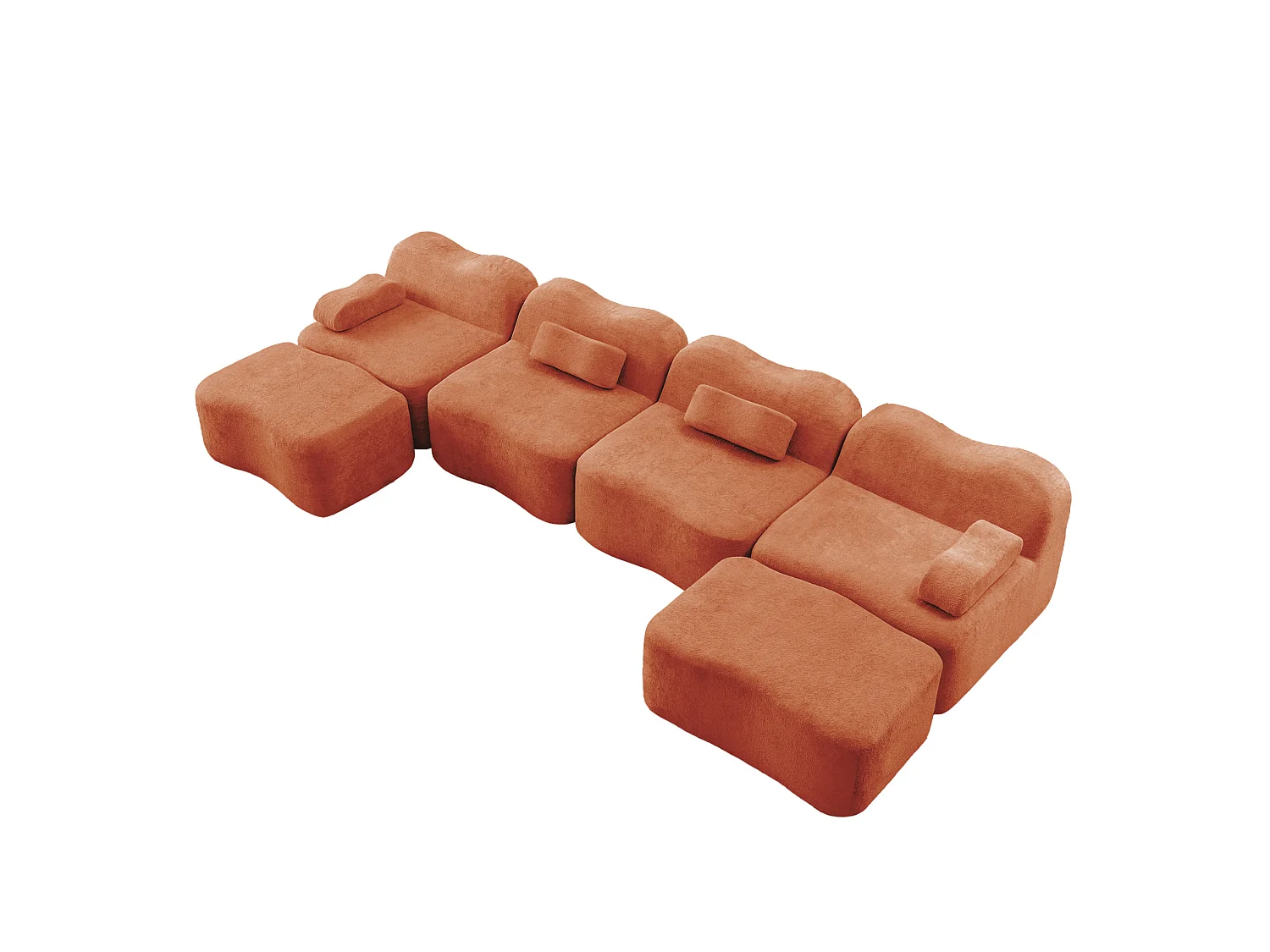 Sofá modular de 4 plazas, 384 cm, en terciopelo con 2 otomanas - Naranja