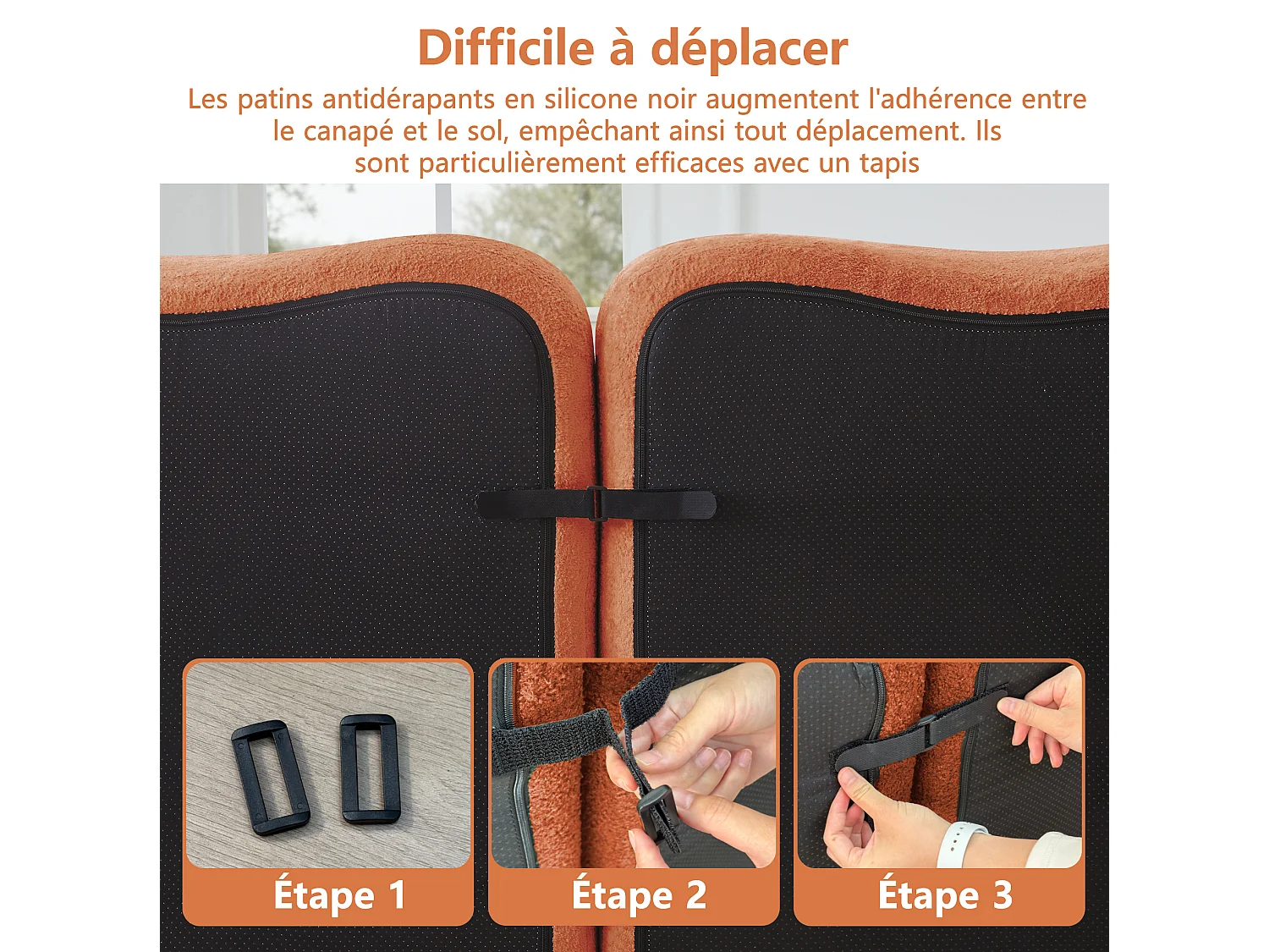 Sofá modular de 4 plazas, 384 cm, en terciopelo con 2 otomanas - Naranja