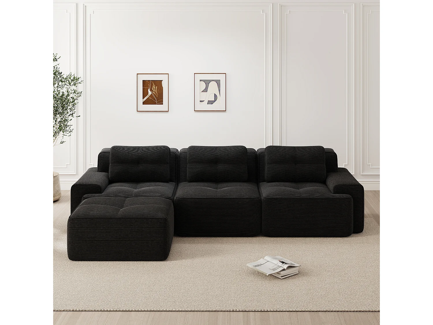 Canapé modulable 3 places avec pouf et 3 coussins - Noir