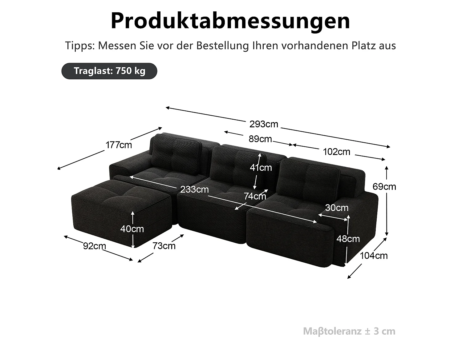 Canapé modulable 3 places avec pouf et 3 coussins - Noir