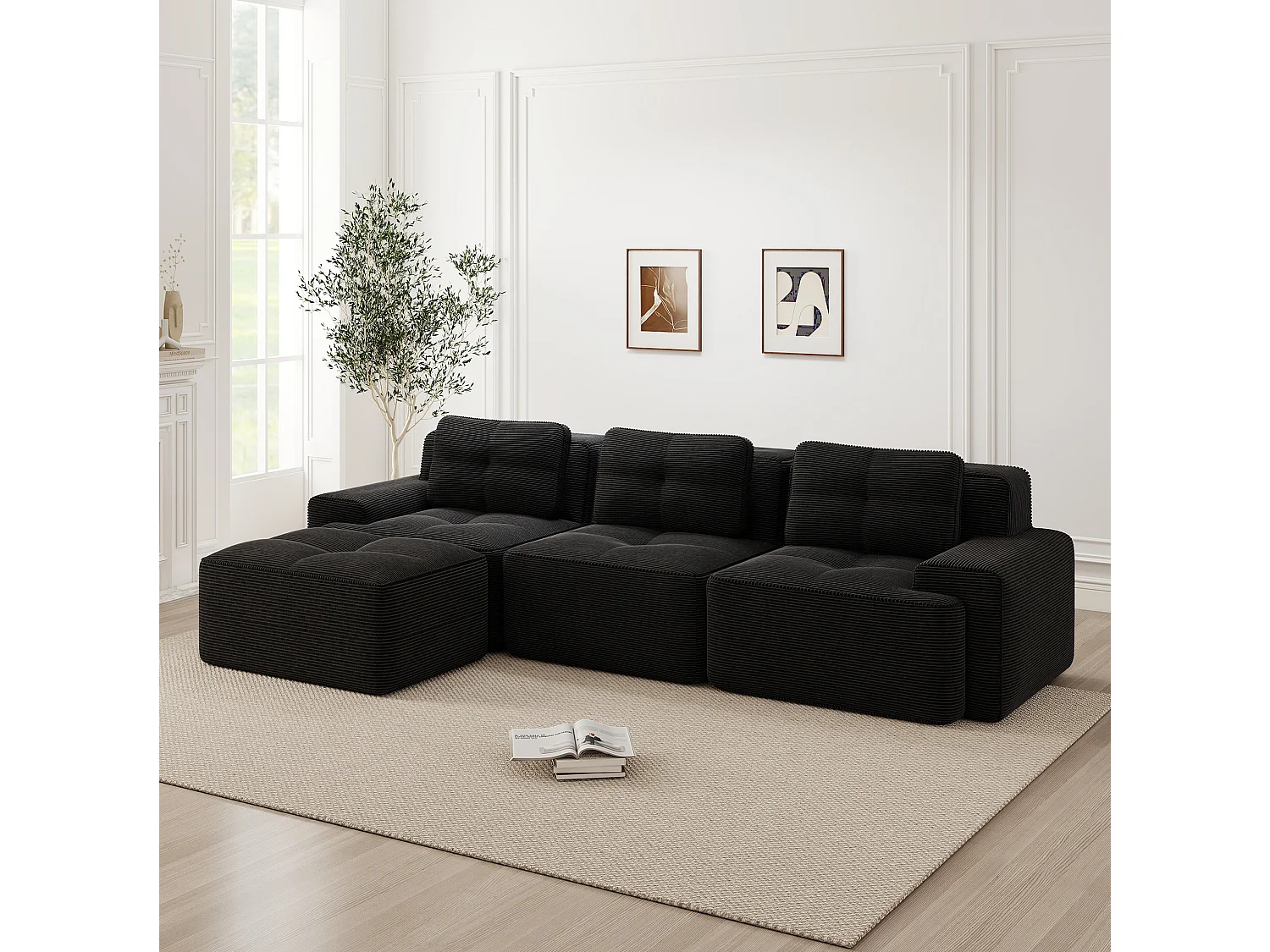 Canapé modulable 3 places avec pouf et 3 coussins - Noir