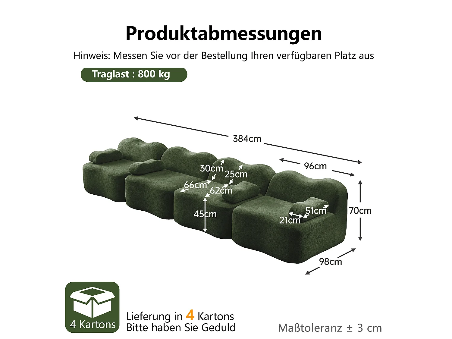 Canapé modulable 4 places 384 cm en velours - Vert