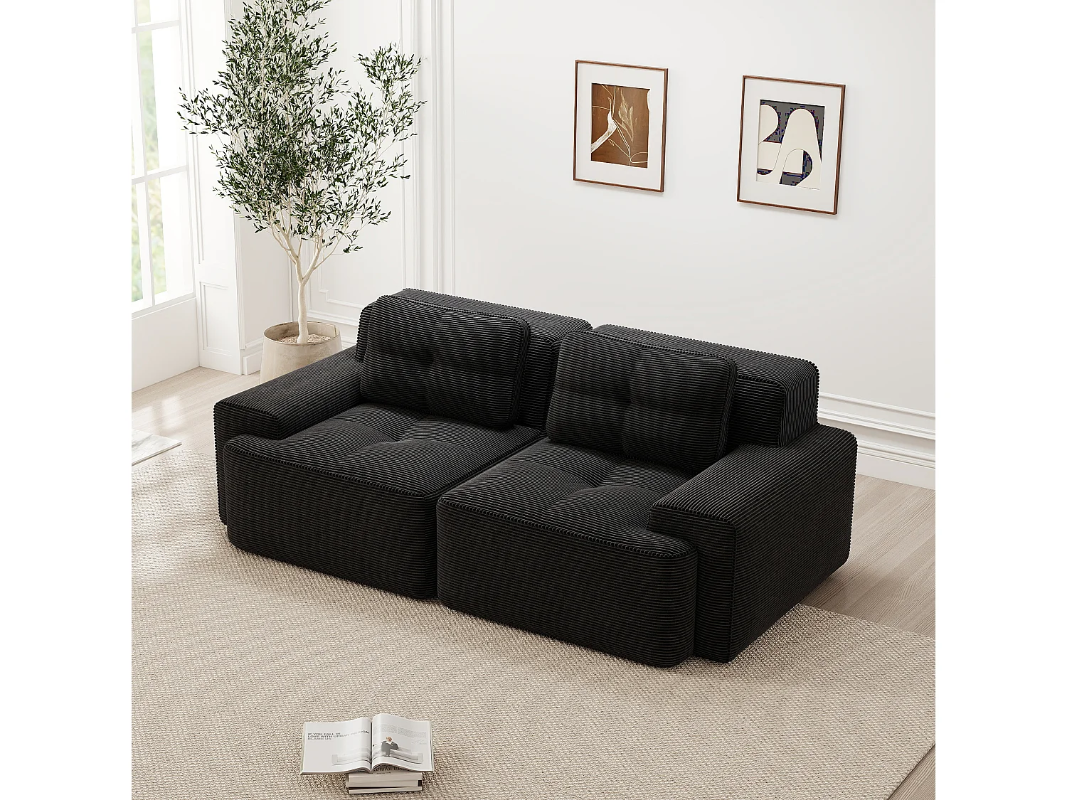 Canapé modulable 2 places en velours côtelé à assise profonde - Noir