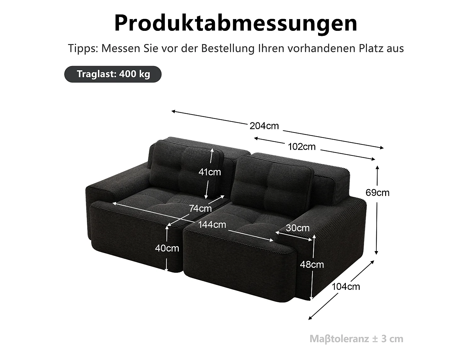 Canapé modulable 2 places en velours côtelé à assise profonde - Noir