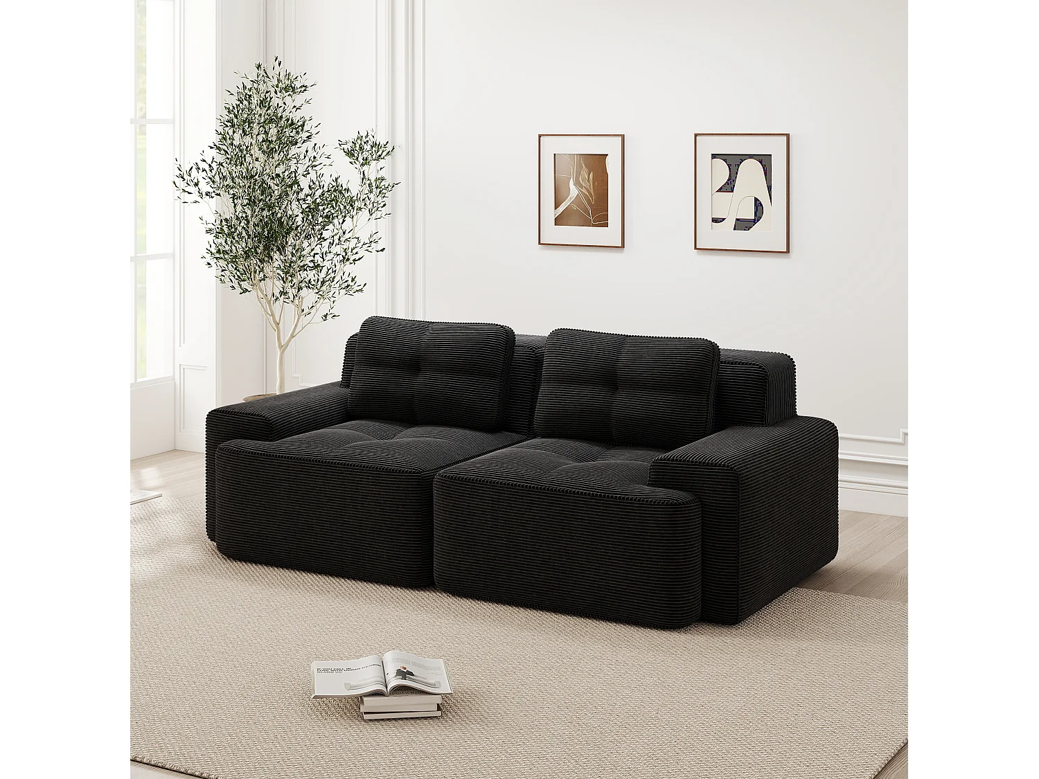 Canapé modulable 2 places en velours côtelé à assise profonde - Noir