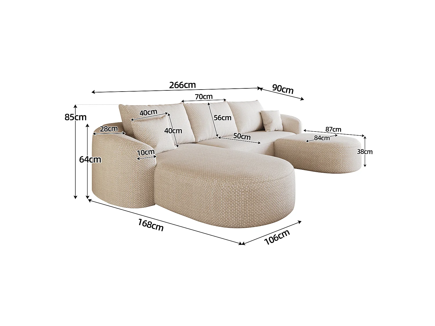 Canapé d'angle modulable 3 places 266 cm avec pouf - Tissu chenille blanc