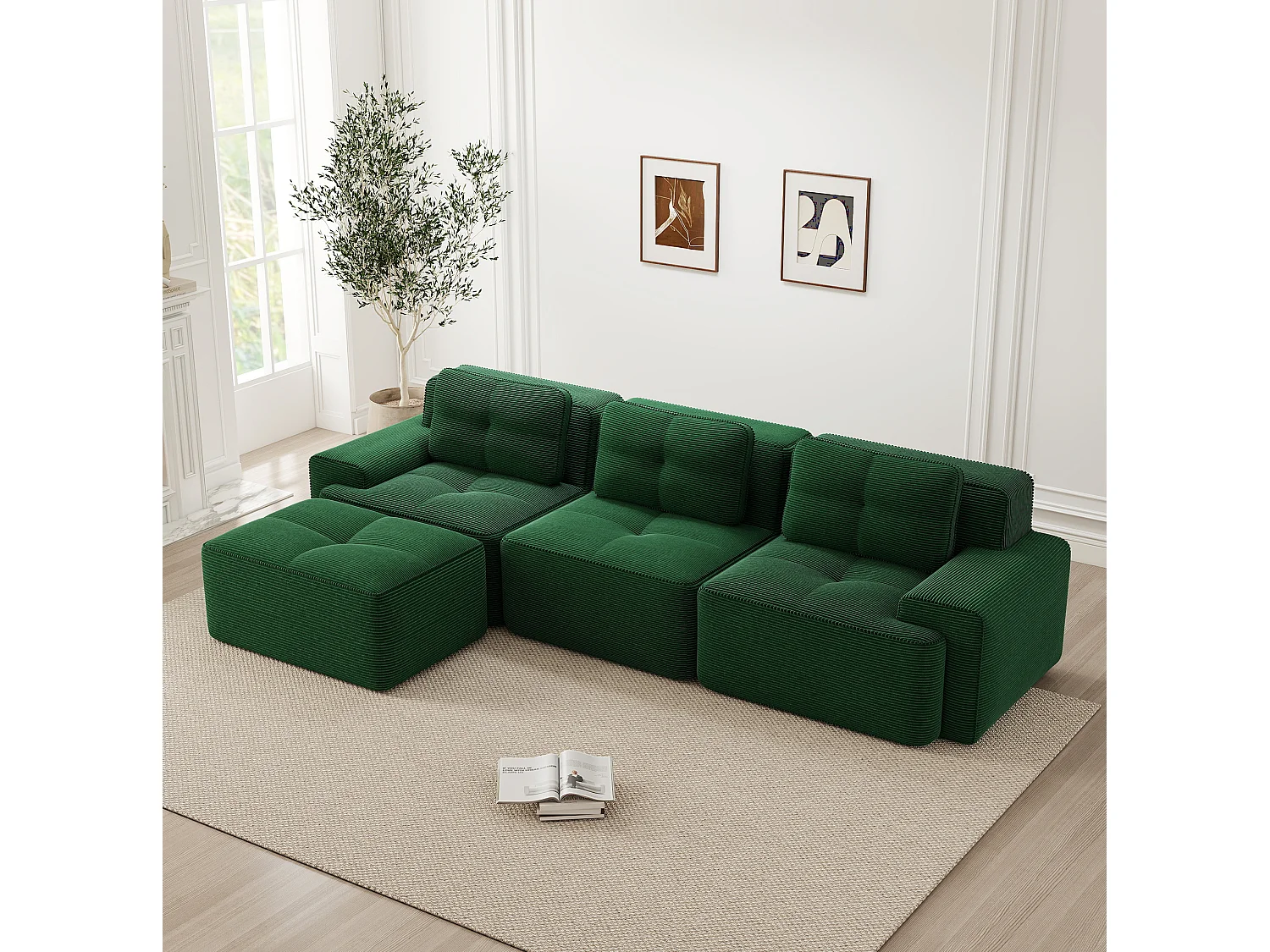 Canapé modulable 3 places avec pouf et 3 coussins - Vert