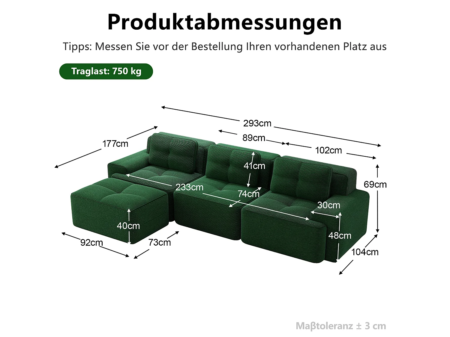 Canapé modulable 3 places avec pouf et 3 coussins - Vert