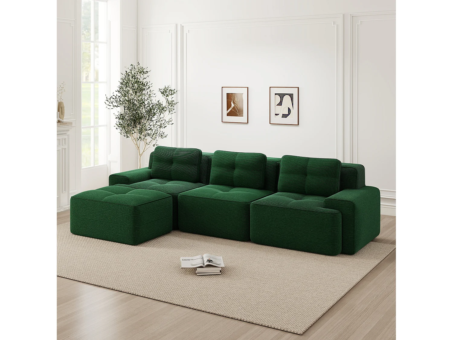 Canapé modulable 3 places avec pouf et 3 coussins - Vert