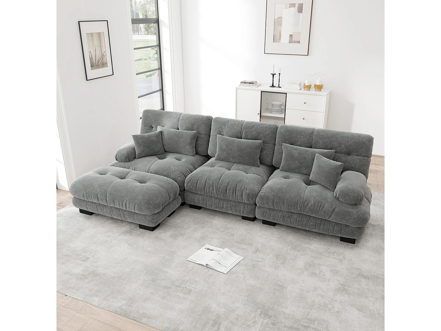 Canapé modulable 3 places 313 cm avec pouf - Tissu chenille gris