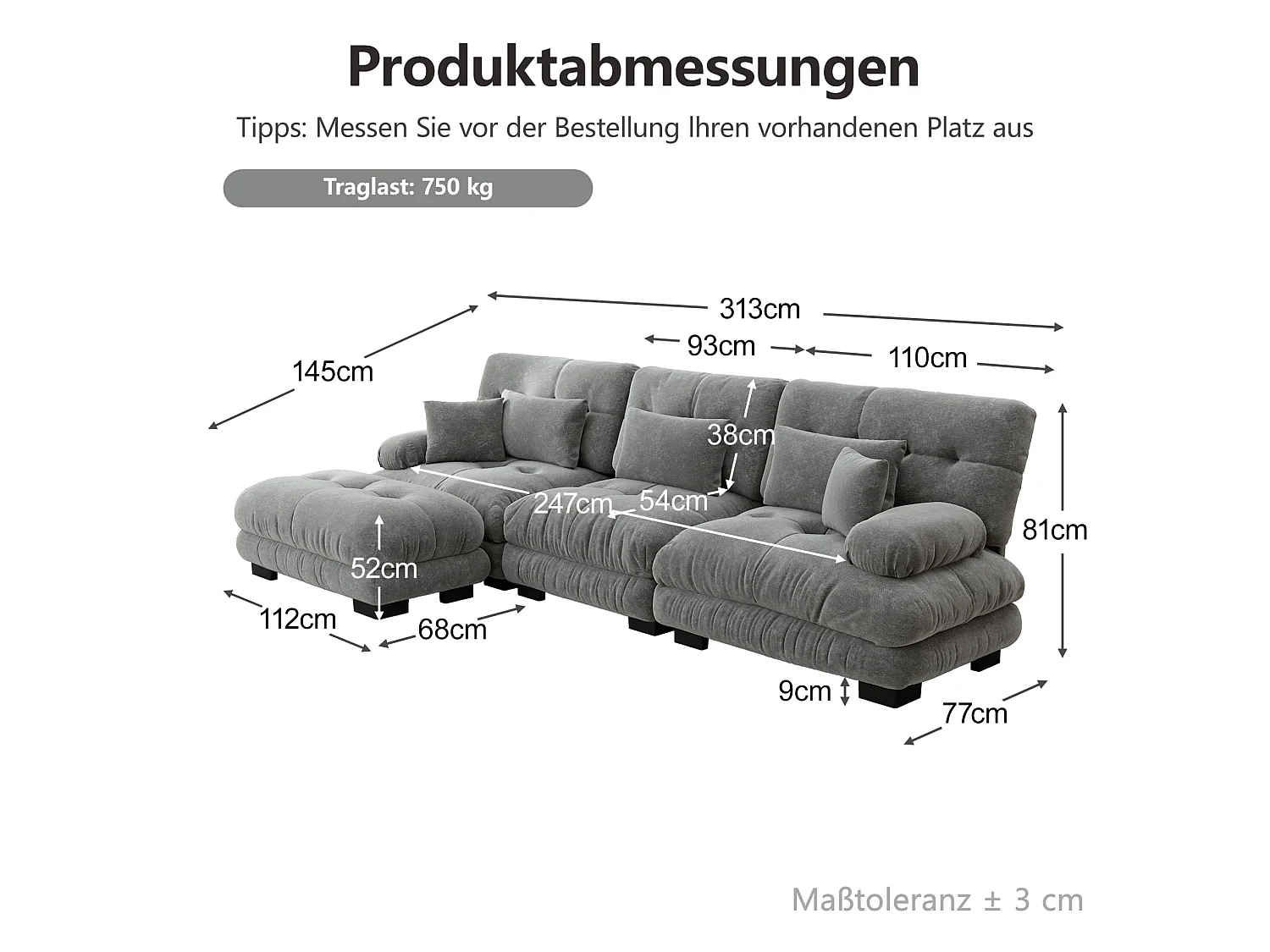Canapé modulable 3 places 313 cm avec pouf - Tissu chenille gris