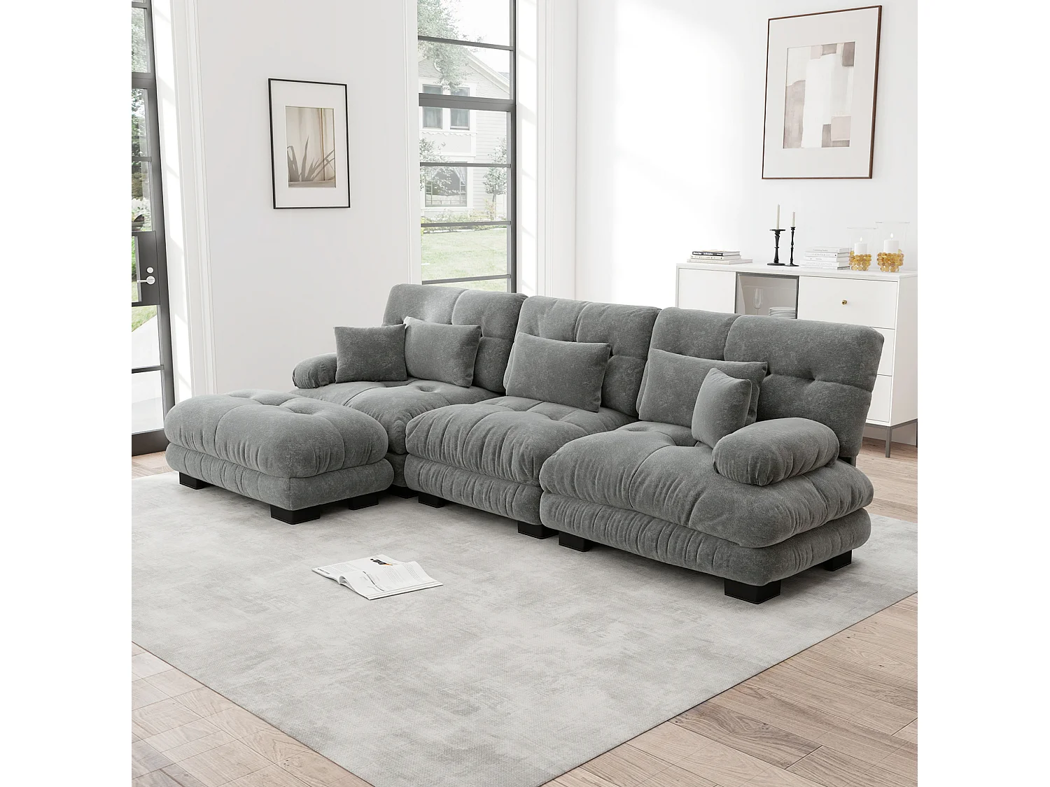 Canapé modulable 3 places 313 cm avec pouf - Tissu chenille gris