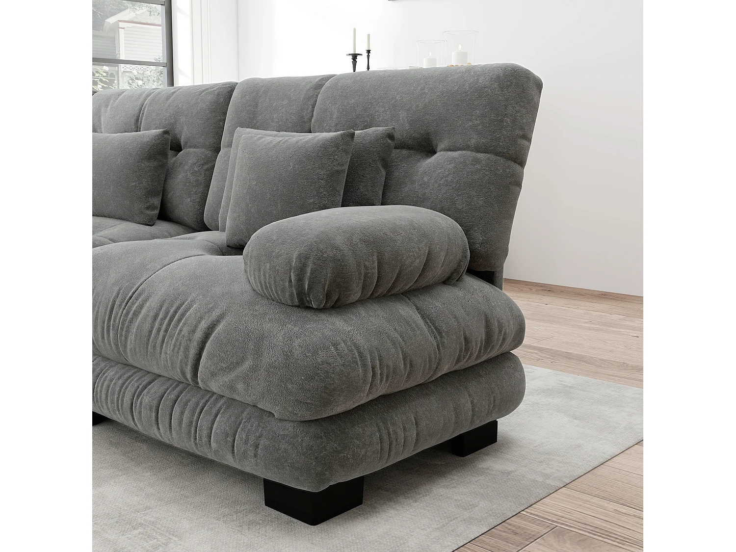 Canapé modulable 3 places 313 cm avec pouf - Tissu chenille gris