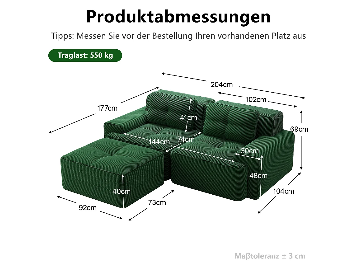 Sofá modular de 2 plazas de pana con otomana - Verde