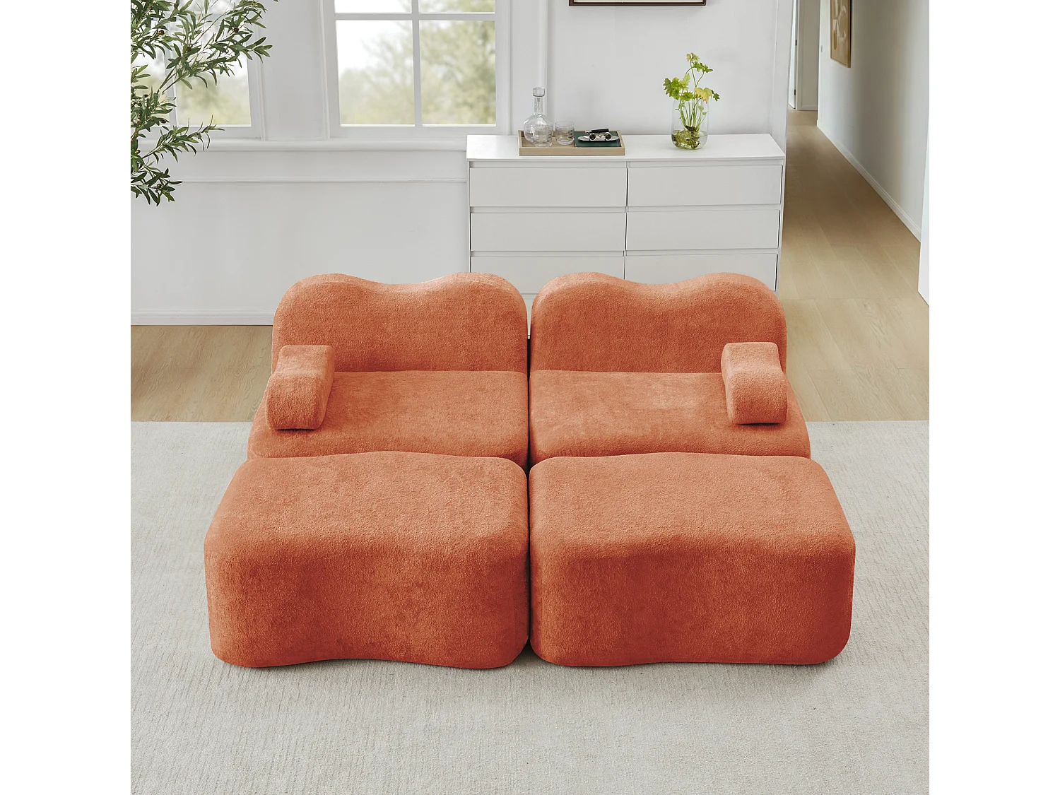 Canapé modulable 2 places en velours avec 2 poufs - Forme ondulée - Orange