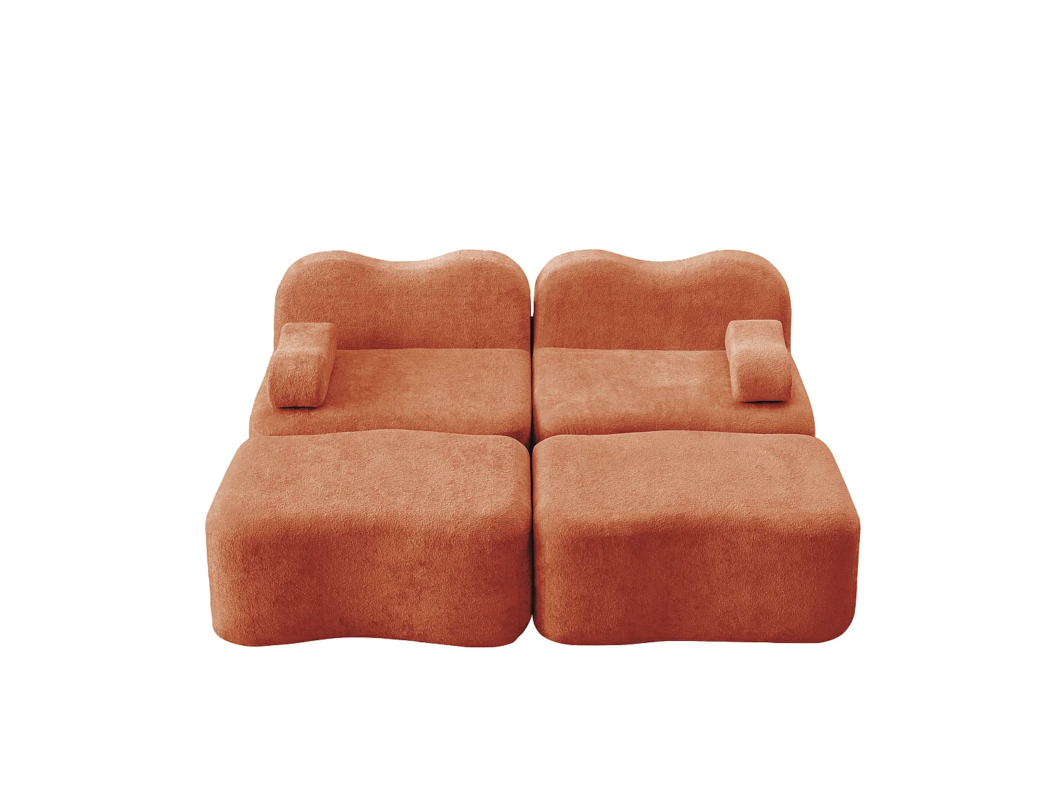 Canapé modulable 2 places en velours avec 2 poufs - Forme ondulée - Orange