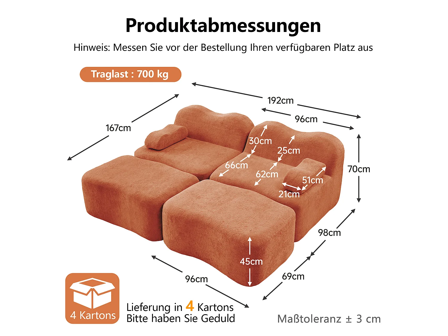 Canapé modulable 2 places en velours avec 2 poufs - Forme ondulée - Orange