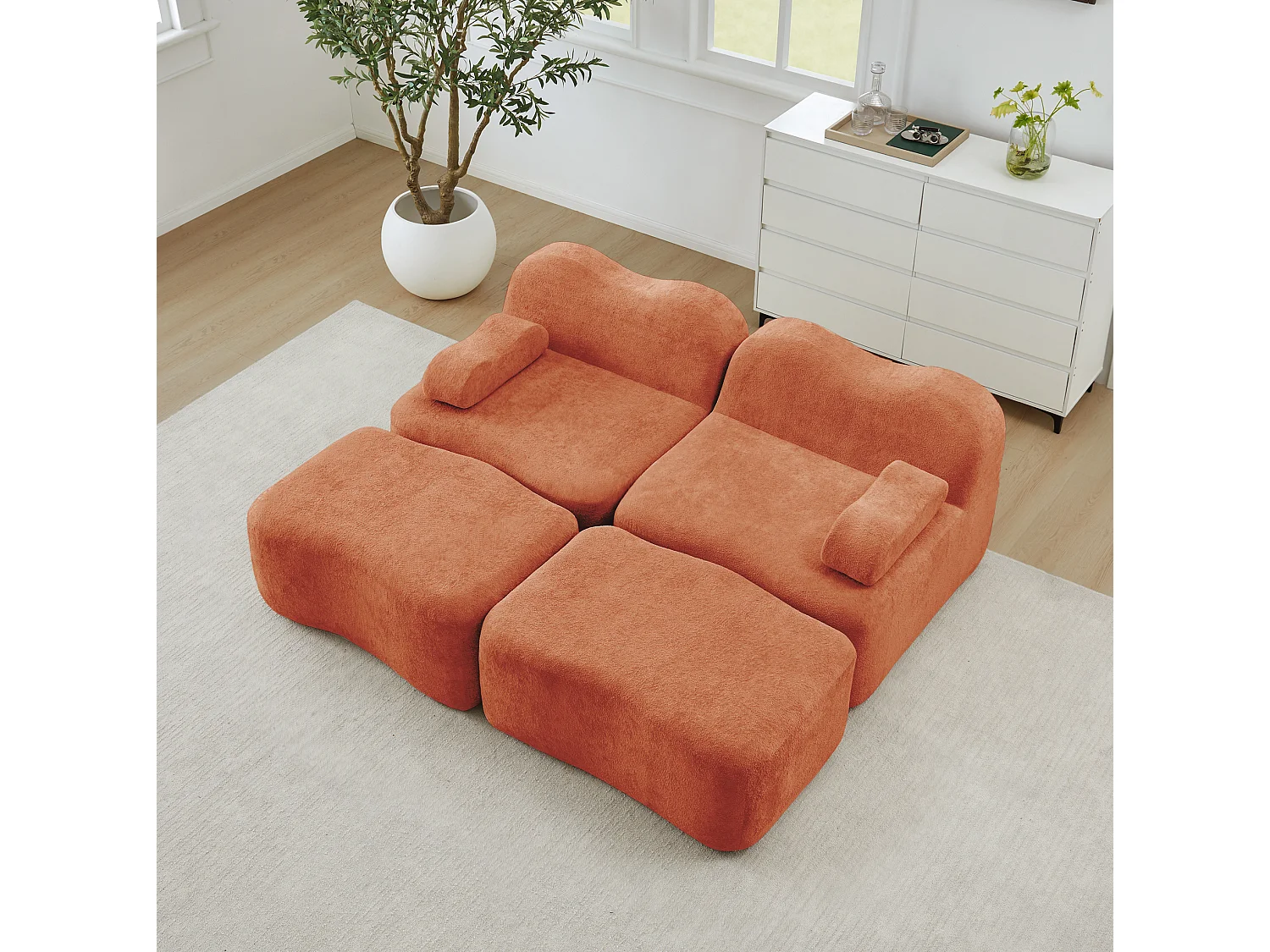 Canapé modulable 2 places en velours avec 2 poufs - Forme ondulée - Orange