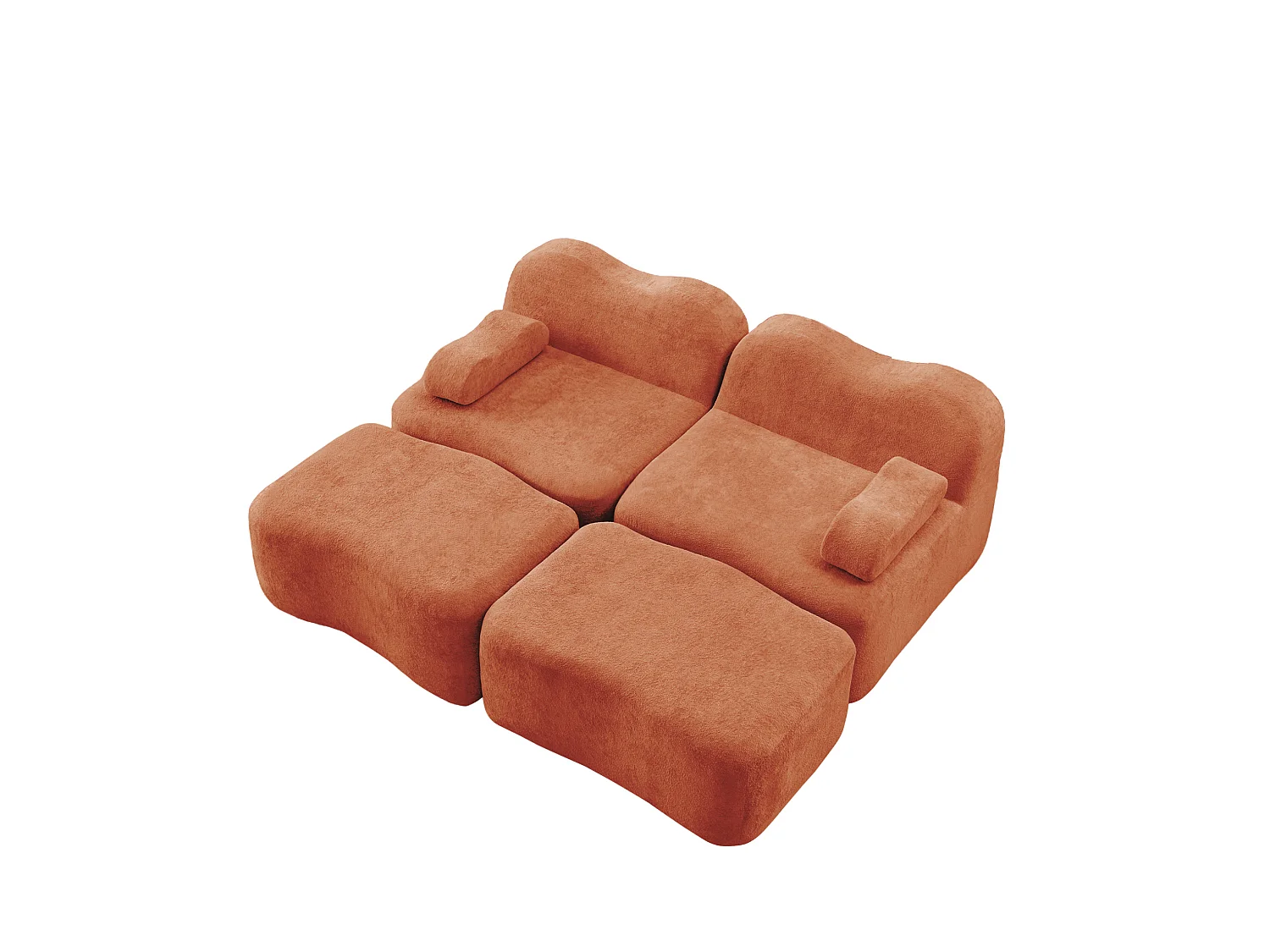 Canapé modulable 2 places en velours avec 2 poufs - Forme ondulée - Orange